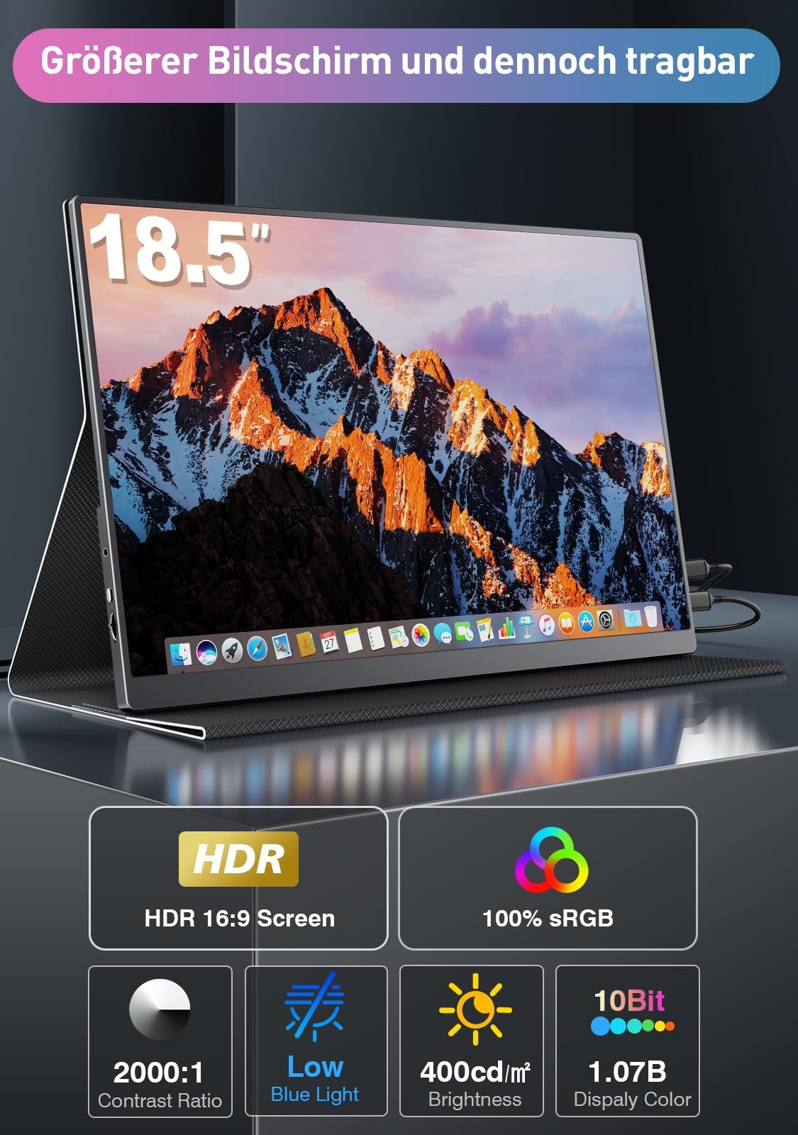 Bundviel Portable Monitor 18,5 Zoll Tragbarer Monitor FHD 1080P, VESA Portabler Monitor (47 cm/18.5 ", 1920 x 1080 px, FHD, 3 ms Reaktionszeit, 120 Hz)