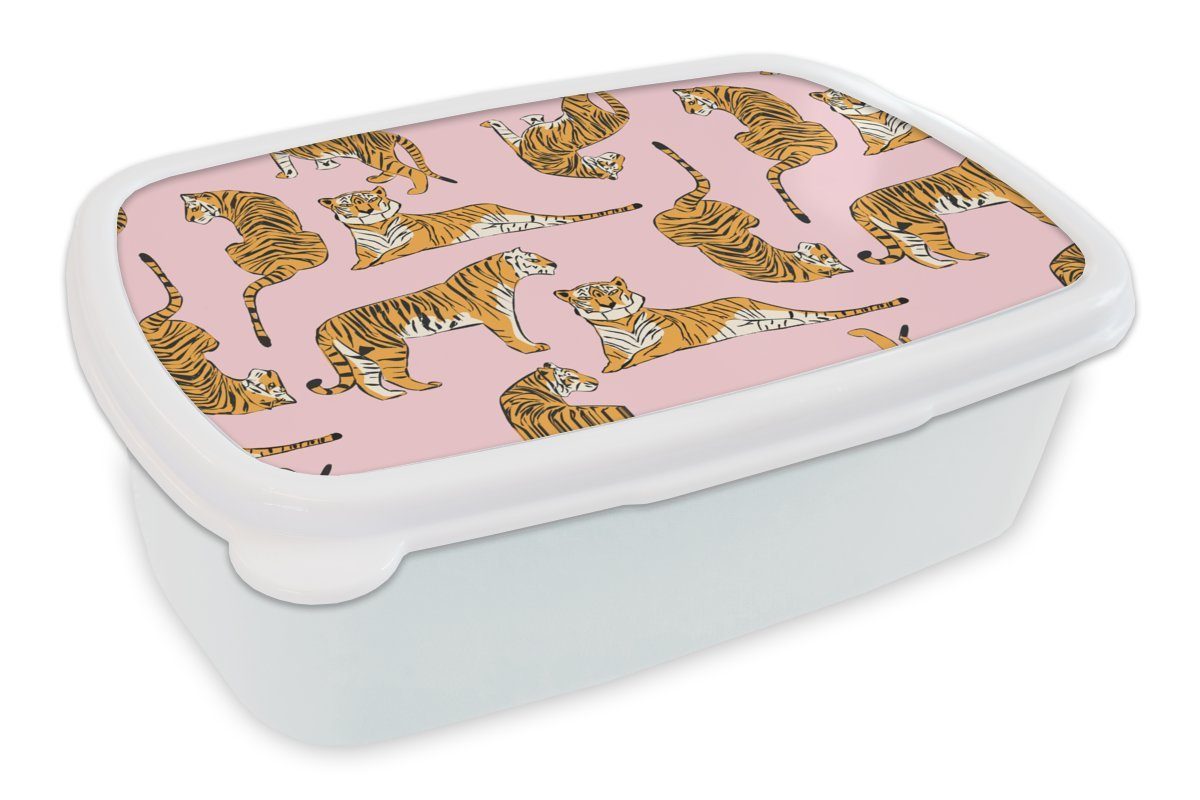 MuchoWow Lunchbox Muster - Tiger - Tiere, Kunststoff, (2-tlg), Brotbox für Kinder und Erwachsene, Brotdose, für Jungs und Mädchen weiß