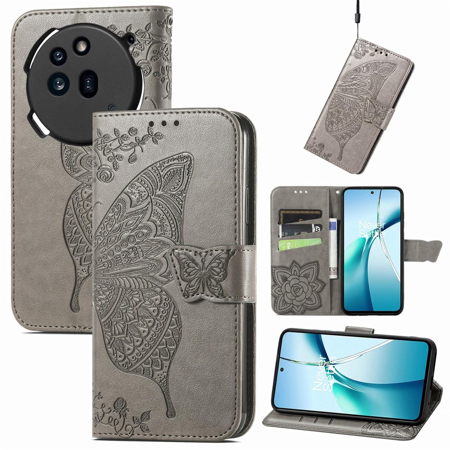 Wigento Smartphone-Hülle Für Nothing Phone 3a Pro Kunstleder Schmetterling Tasche Hülle Grau, Kunst-Leder Schutzhülle Smart Case Cover magnetischer Verschluss