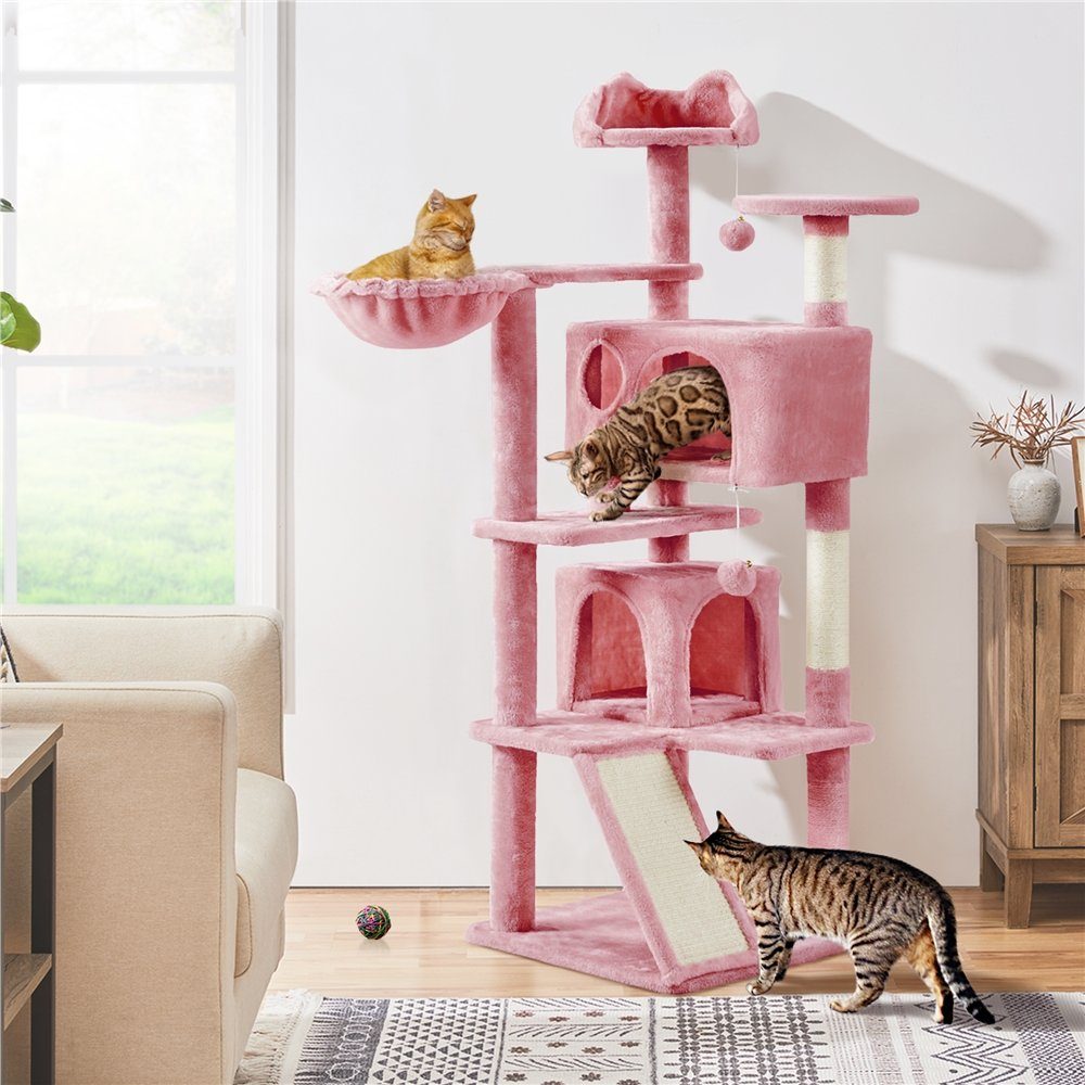 Yaheetech Kratzbaum 146 cm (H), Plüsch Kletterbaum Katzenbaum, mit 3 Aussichtsplattformen, für kleine und mittelgroße Katzen