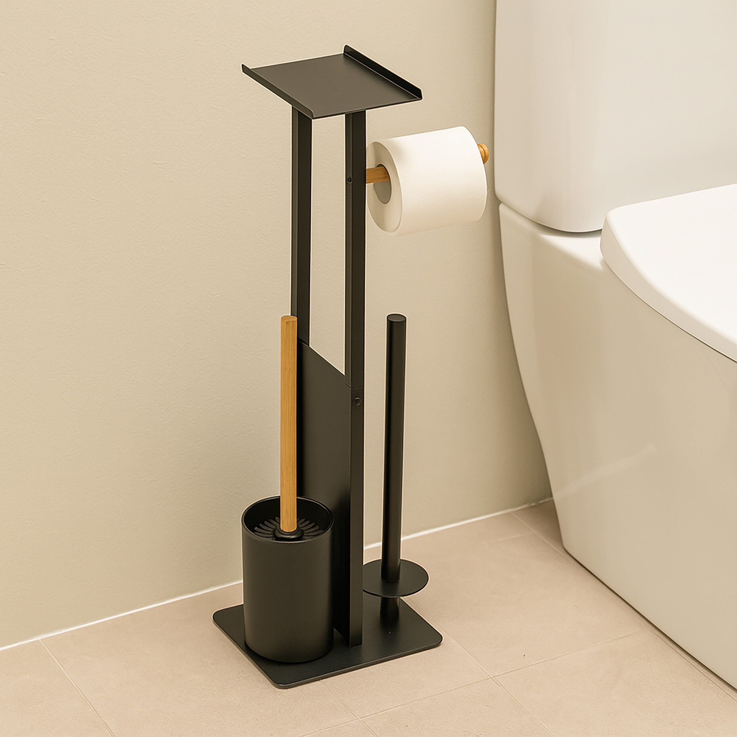 relaxdays WC-Garnitur Metall & Bambus, schwarz günstig online kaufen