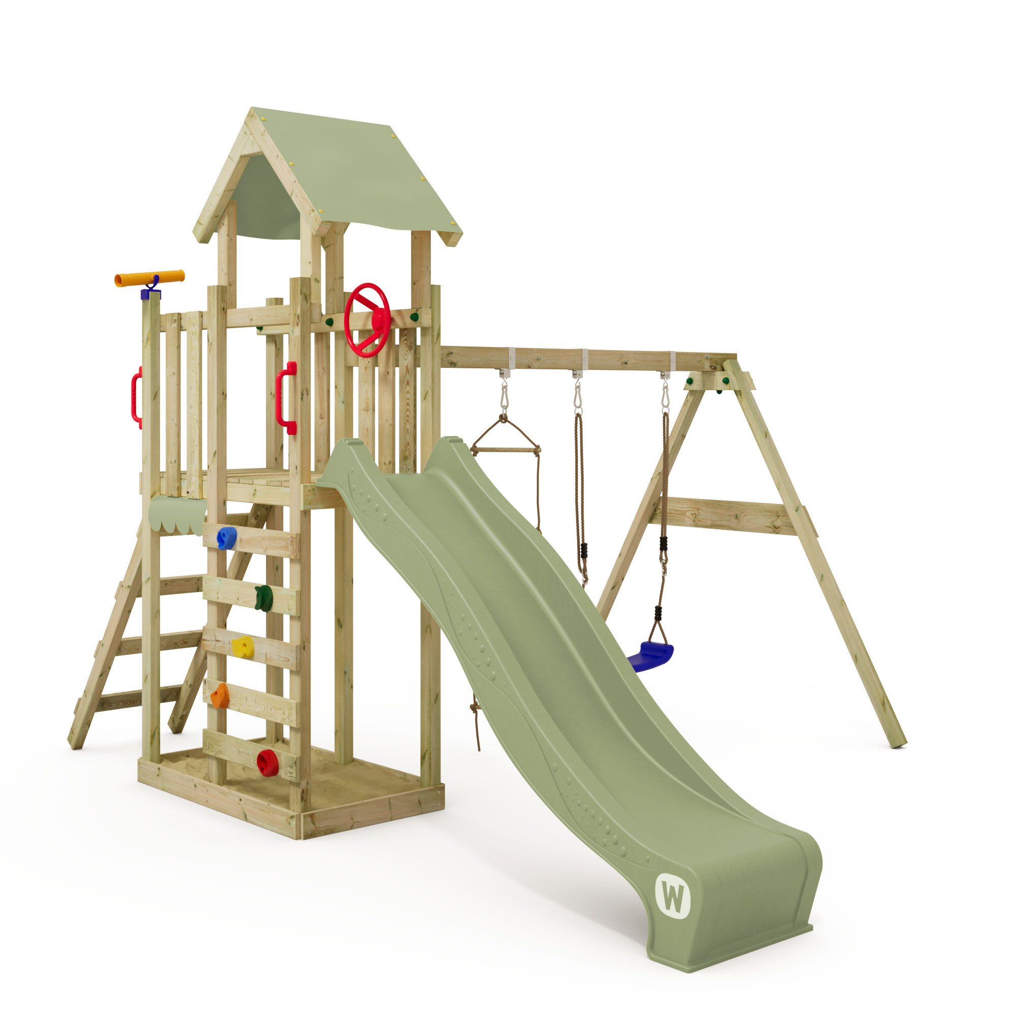 Wickey Klettergerüst MultiFlyer Light Spielturm mit Schaukel, Rutsche und Sandkasten, (mit Kletterwand und Klettersteinen, - Einstiegsmodell), 10-Jahre Garantie*, Kletterleitern, Sandkasten