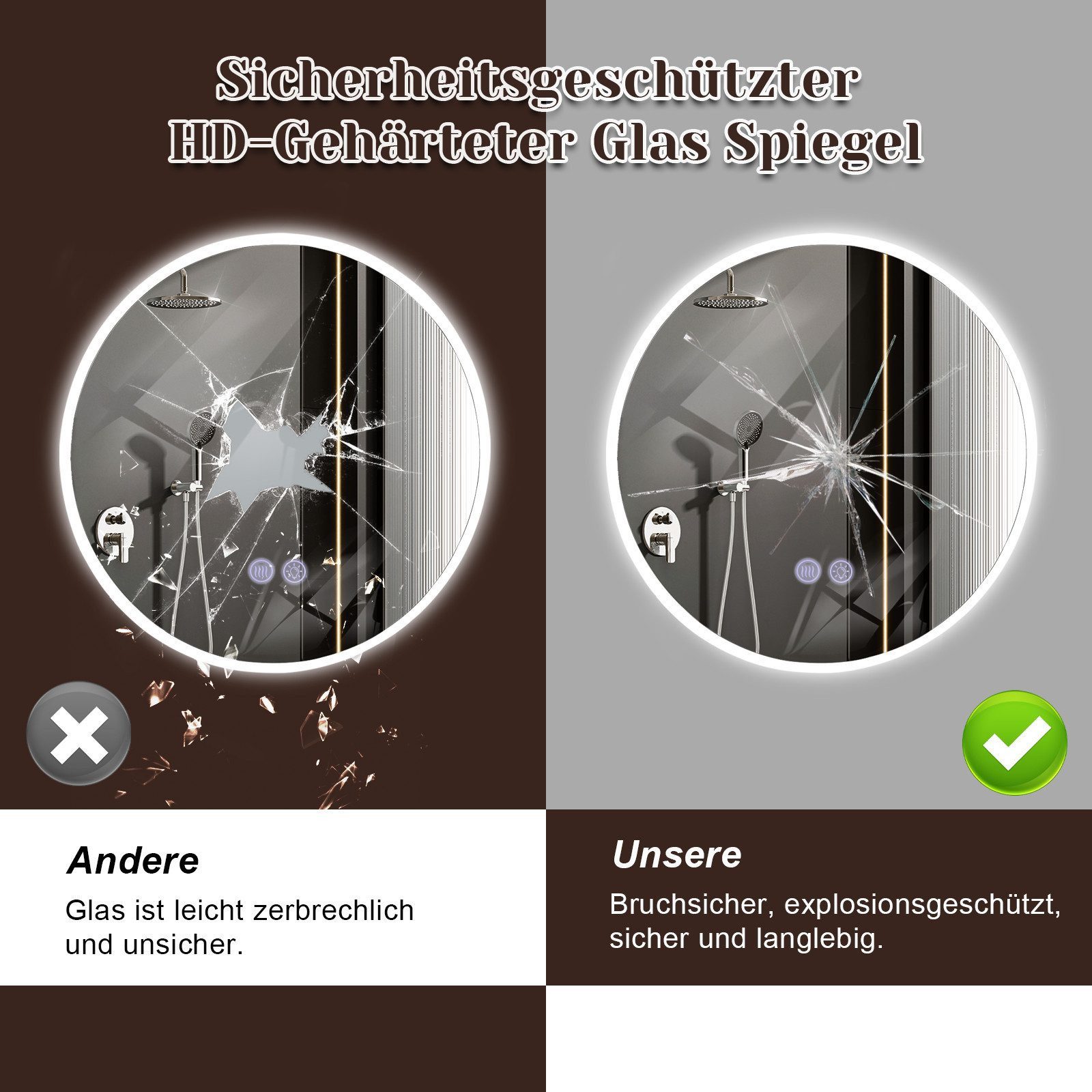 Nettlife Badspiegel spiegel mit Beleuchtung Rund 60cm, zimmerspiegel mit Touch-Schalter und Entfogger-Funktion – Bild 5 von 5