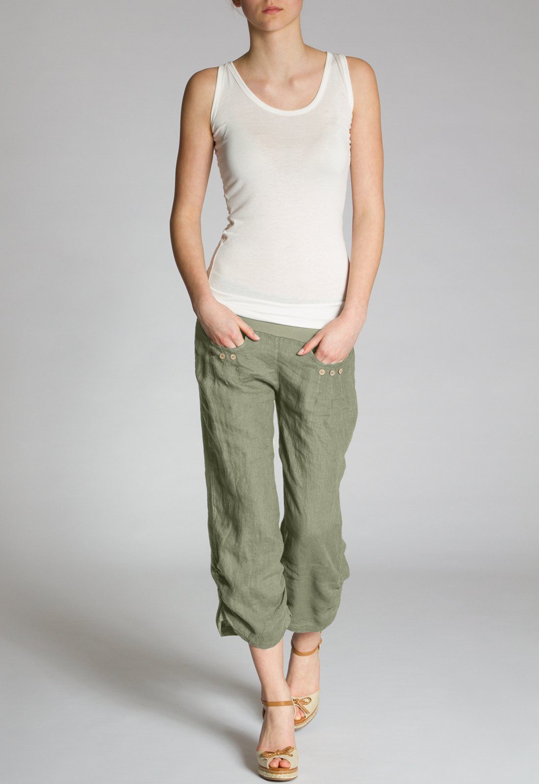 Caspar Leinenhose KHS017 Damen 3/4 Hose aus robustem Leinen mit breitem Stretch Bund - Made in Italy