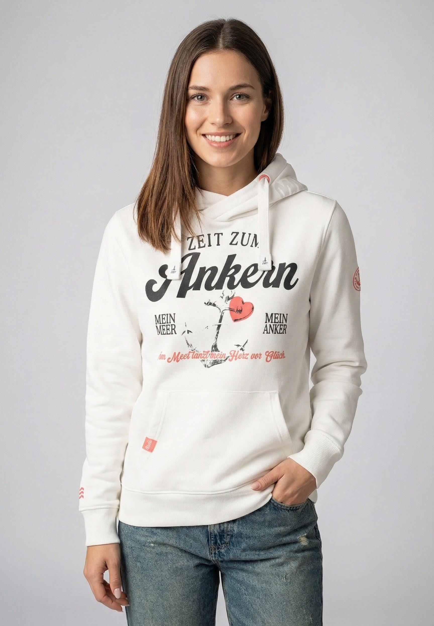 Eight2Nine Kapuzenpullover Damen Hoodie mit Küstenbackprint Sweater, Kapuzensweatshirt mit Kängurutasche, mit Kapuze