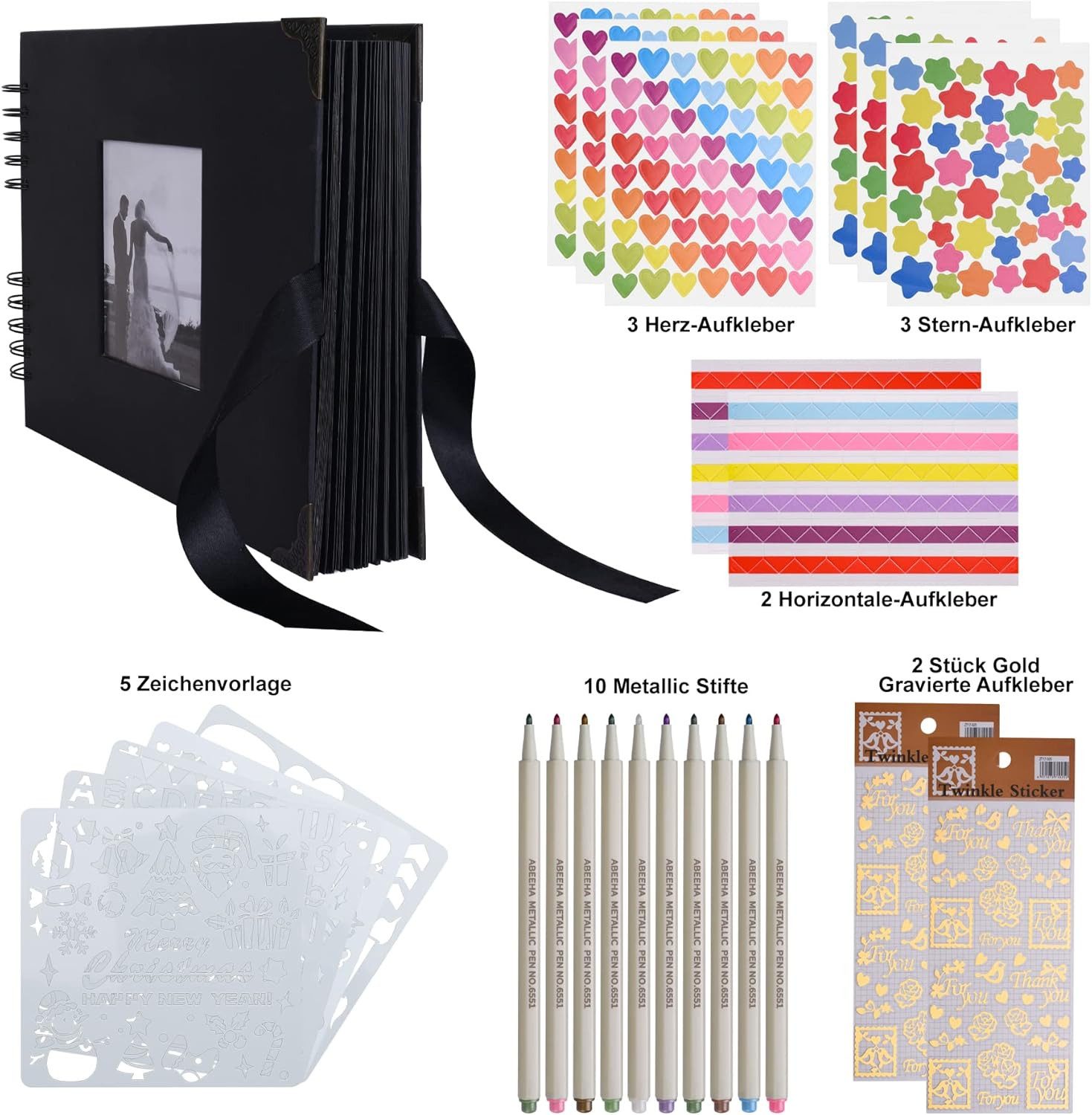 Montegoni Fotoalbum zum Selbstgestalten Schwarz mit Metallic Farbstiften, Schablonen uvm. (Set, für ca. 80 bis 320 Bilder, 29.5x21.0x3.4cm), Ideal als Geschenk, Dickes Papierblatt, Metall Sicherheitsecke