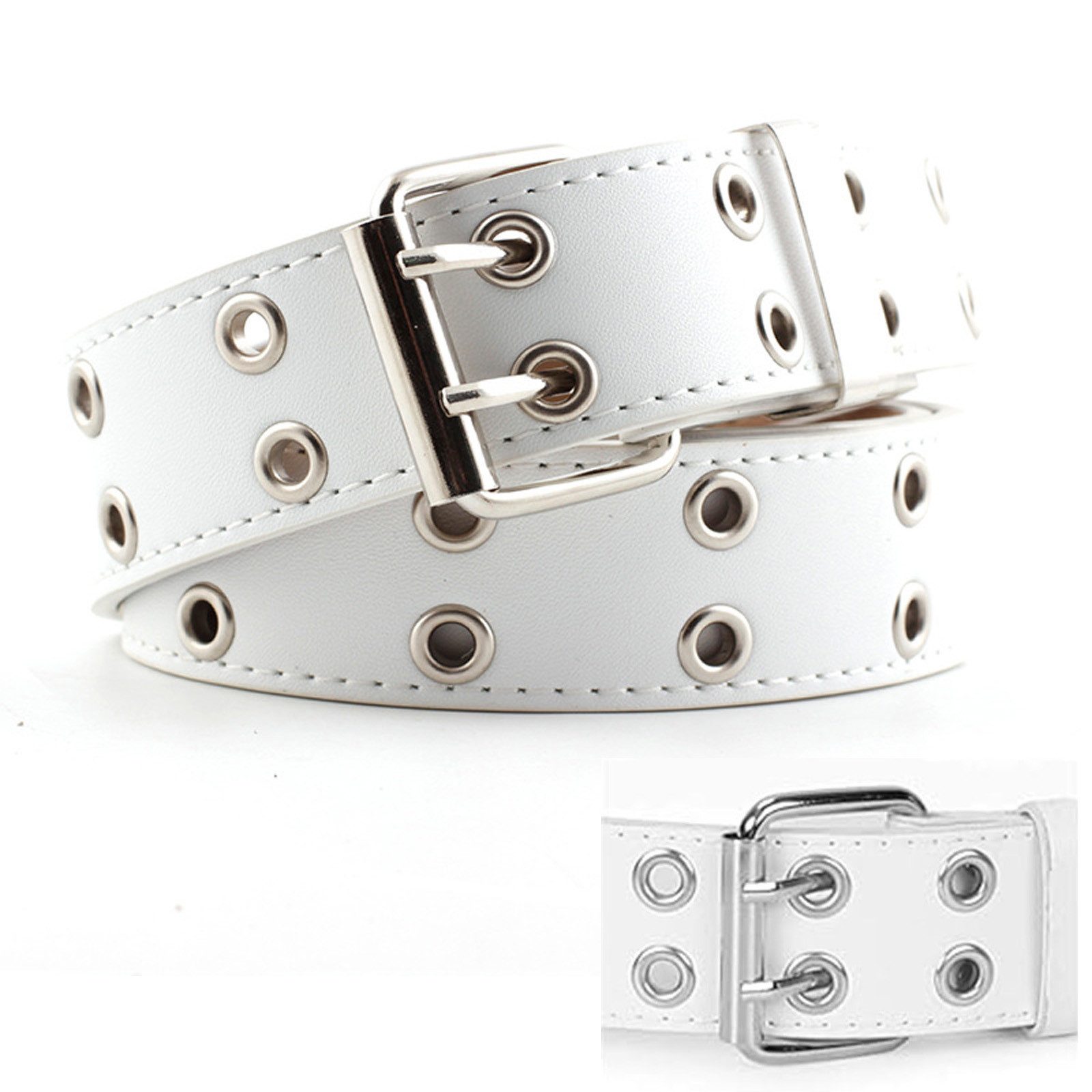 REDOM Ремни с заклепками Punk Doppellochgürtel verstellbarer Ösengürtel (Retro Gothic Rock Kunstleder Ремни, 1-St., silberner Metallbeschlag, langlebiger) Accessoire für Jeans Shorts Rock Streetwear Club Festival Cosplay