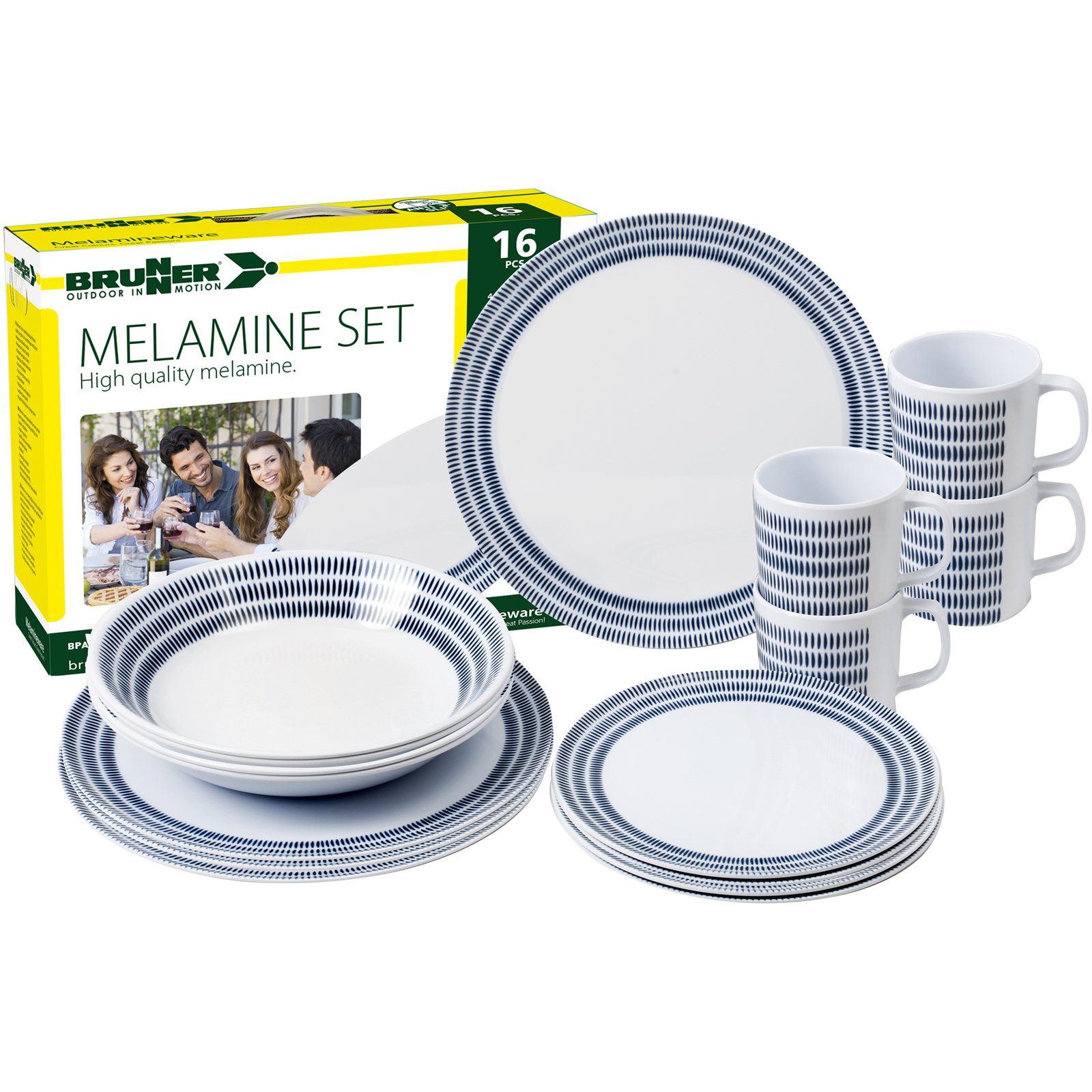 BRUNNER Geschirr-Set Melamin Ess Geschirr Set Bluebay, Melamin, 16-teilig Camping Reise Teller Becher