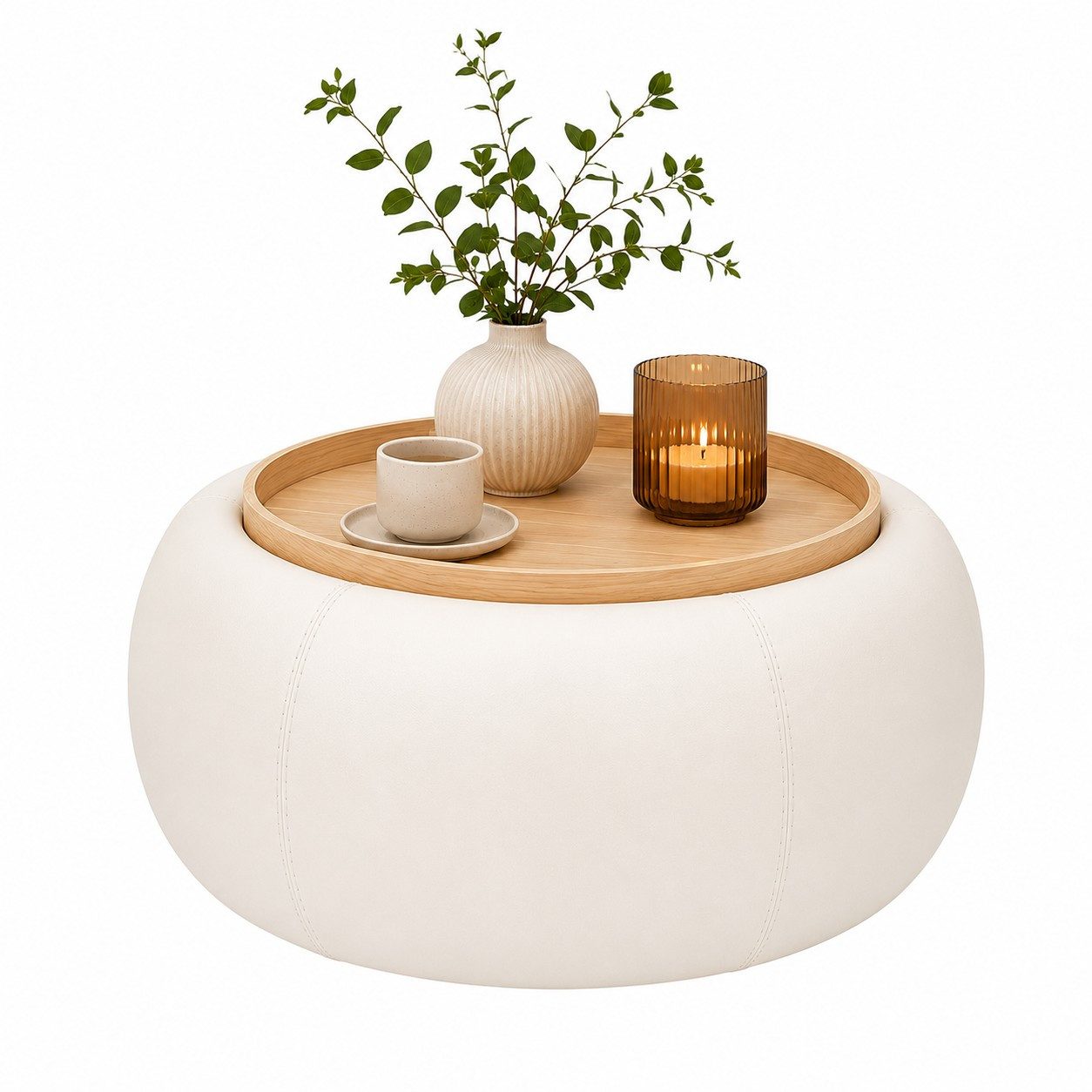 LEVEN Lifestyle Couchtisch LOVANI Wohnzimmertisch Beige Rund mit Stauraum Ø 73 cm, abnehmbare Tischplatte