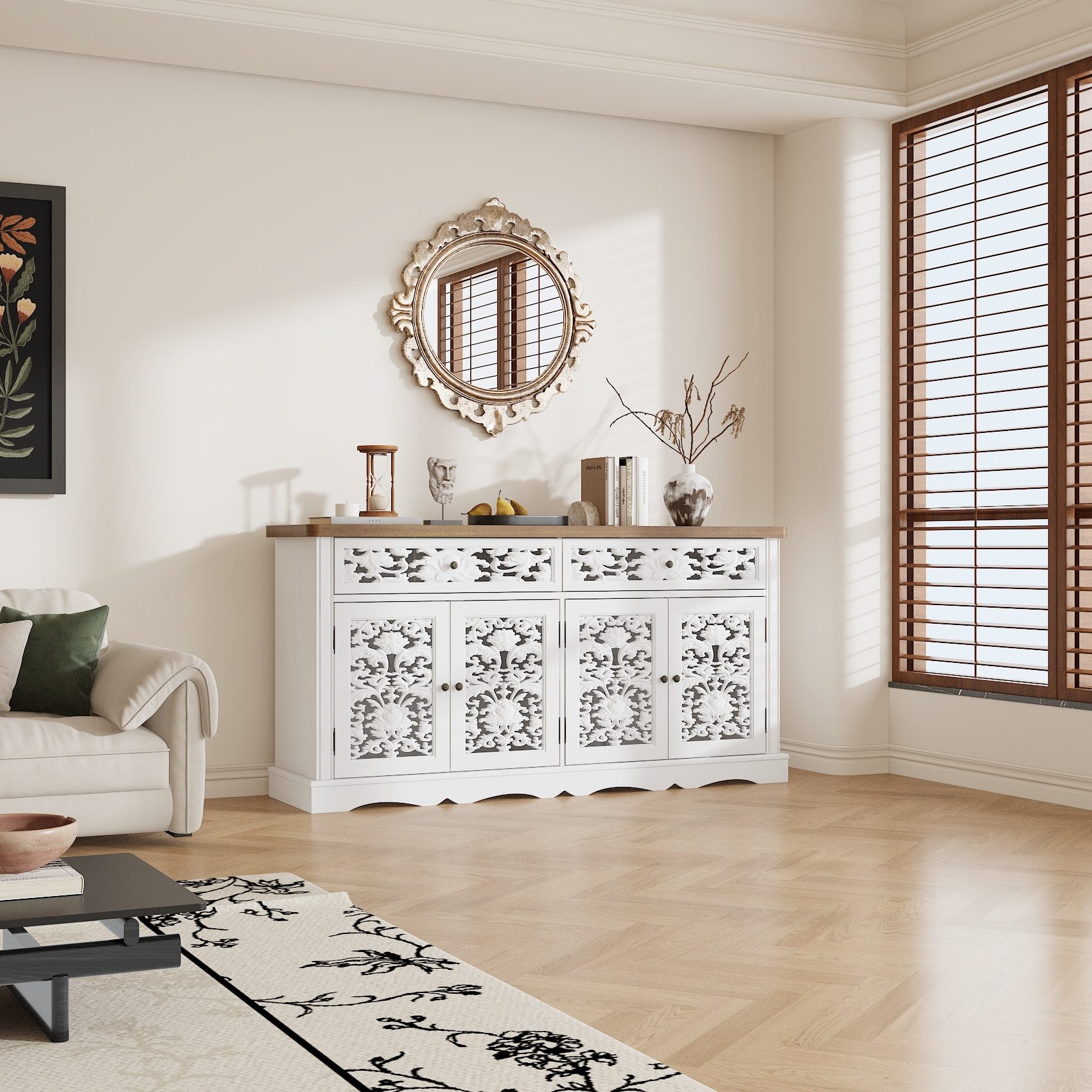 FUFU&GAGA Beistellschrank Sideboard & Hochschrank mit weißen Schnitzfronten günstig online kaufen