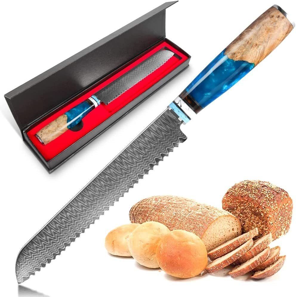 KingLux Brotmesser Wellenschliff Küchenmesser Damastmesser 20cm Damaststahl