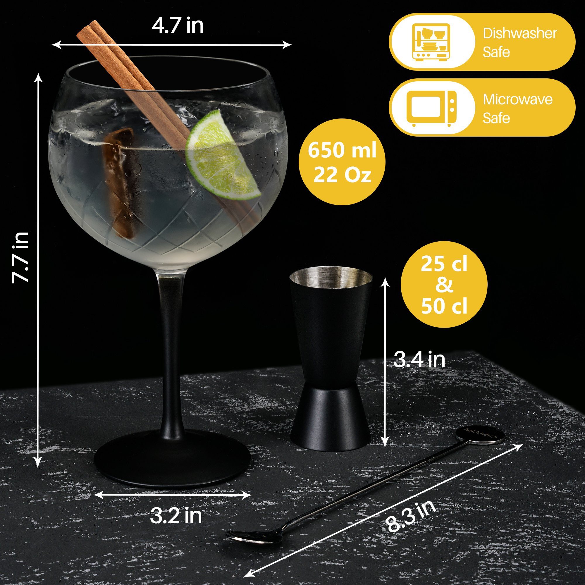 MiaMio Cocktailglas Crystaluna Gin Tonic, 650 ml, schwarzer Stiel, 2-tlg., Glas