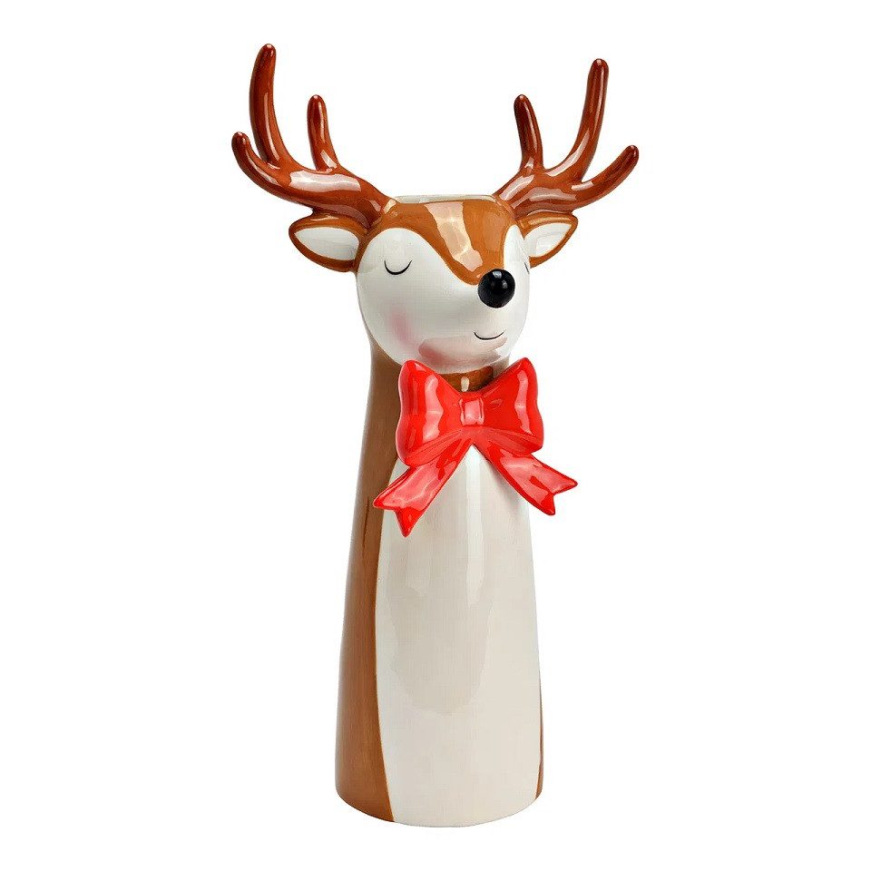 Interdesign24 Dekovase Hirsch Vase mit Roter Schleife Keramik