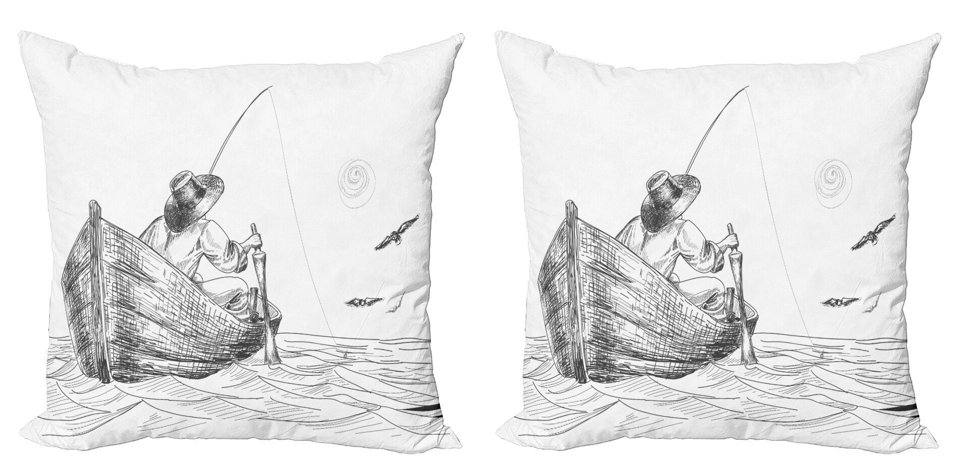 Kissenbezüge Modern Accent Doppelseitiger Digitaldruck, Abakuhaus (2 Stück), Weiß Fischer auf dem Boot Sketch | Kissenbezüge