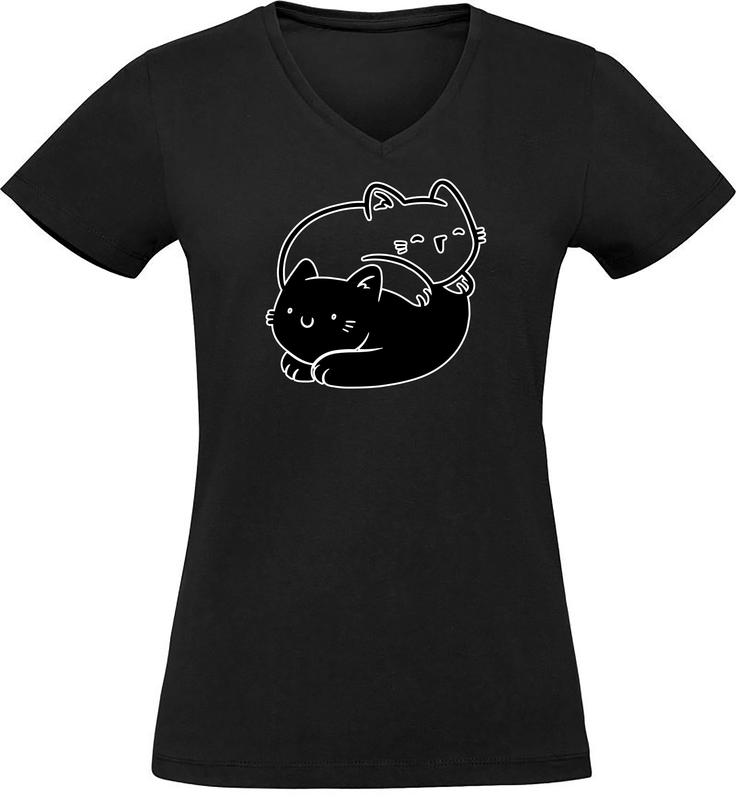 mit MyDesign24 Damen Aufdruck, Slim bedruckt Katze Fit, Print Shirt schwarz Katzen - Yin Yang Baumwollshirt i112 T-Shirt