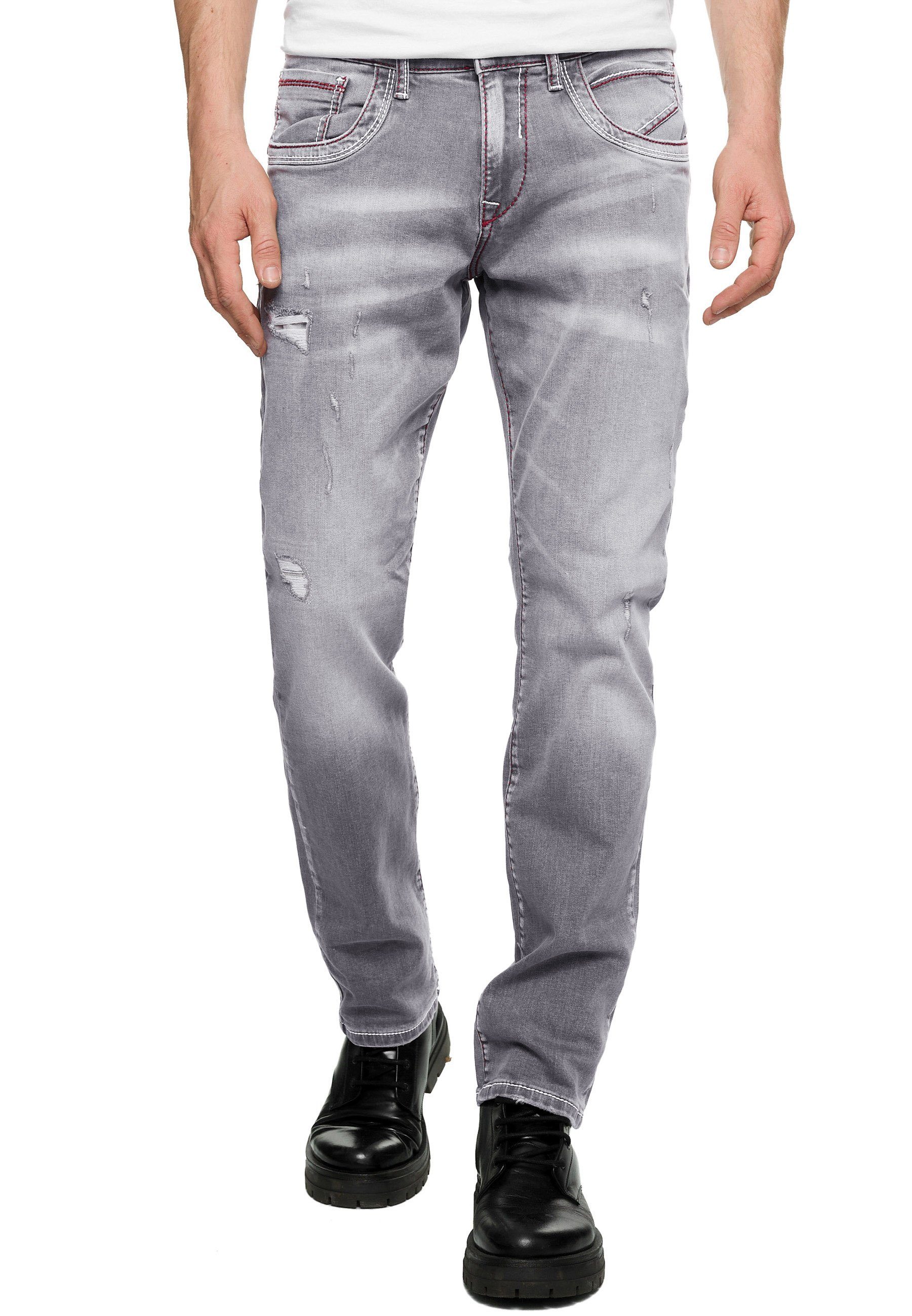 Ziernähten Straight-Jeans farblich Neal Rusty grau abgesetzten Mit ODAR