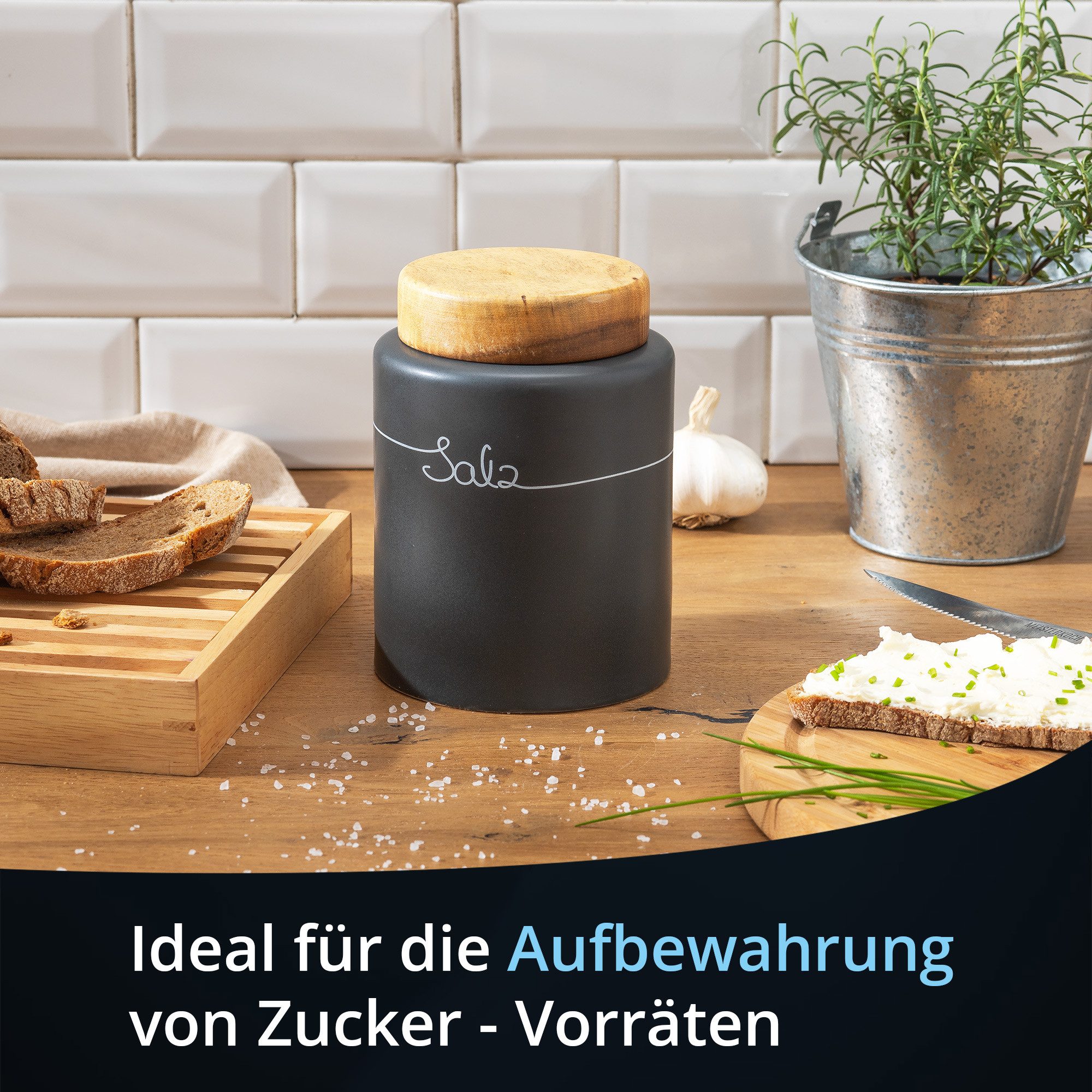 KHG Vorratsdose für Salz aus Steinzeug mit Akazienholz‑Deckel – luftdicht & dekorativ, Steingut, Luftdichte Aufbewahrungsdose für Salz, schützt Aroma und hält trocken
