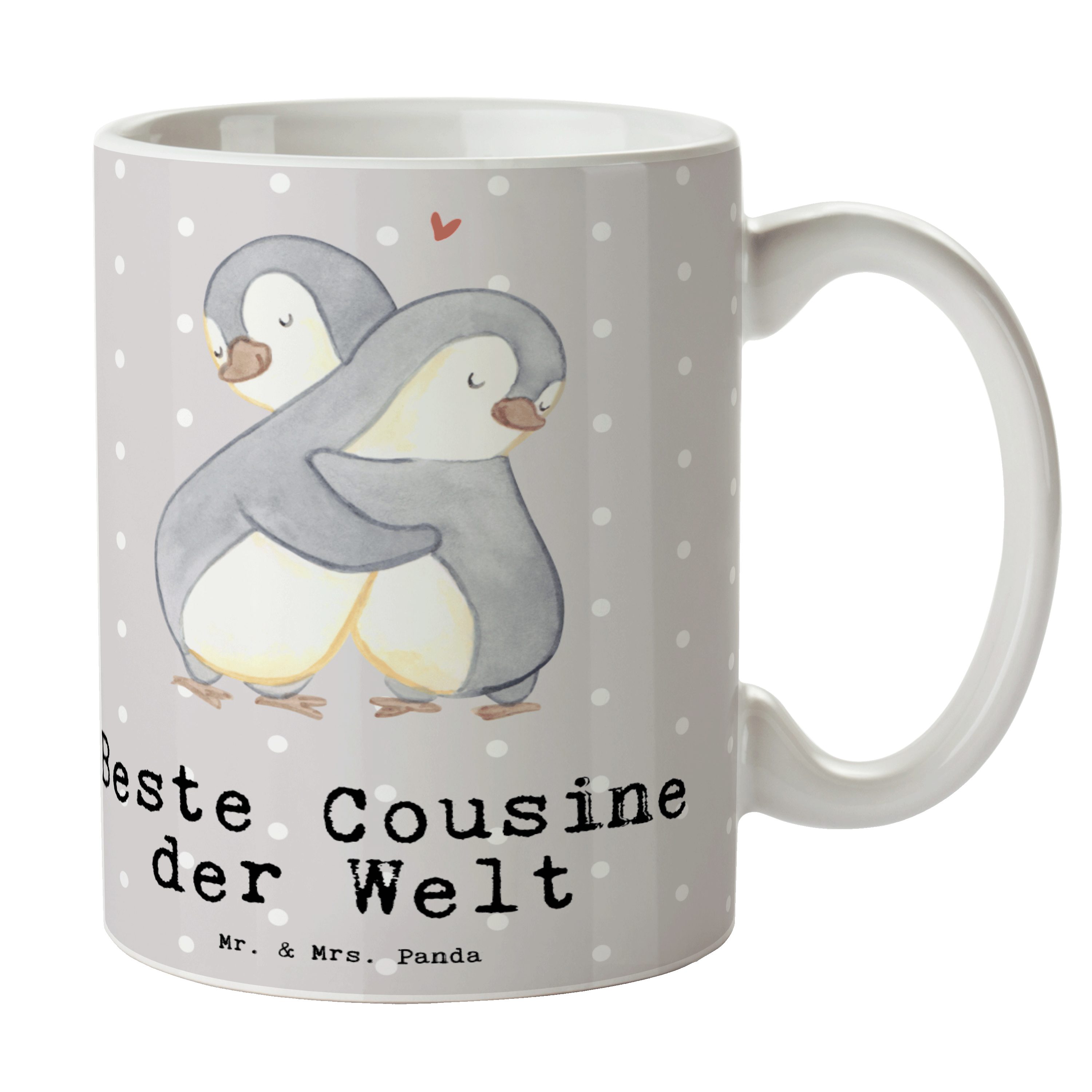 Mr. & Mrs. Panda Tasse Pinguin Beste Cousine der Welt - Grau Pastell - Geschenk, Tasse, Sche, Keramik