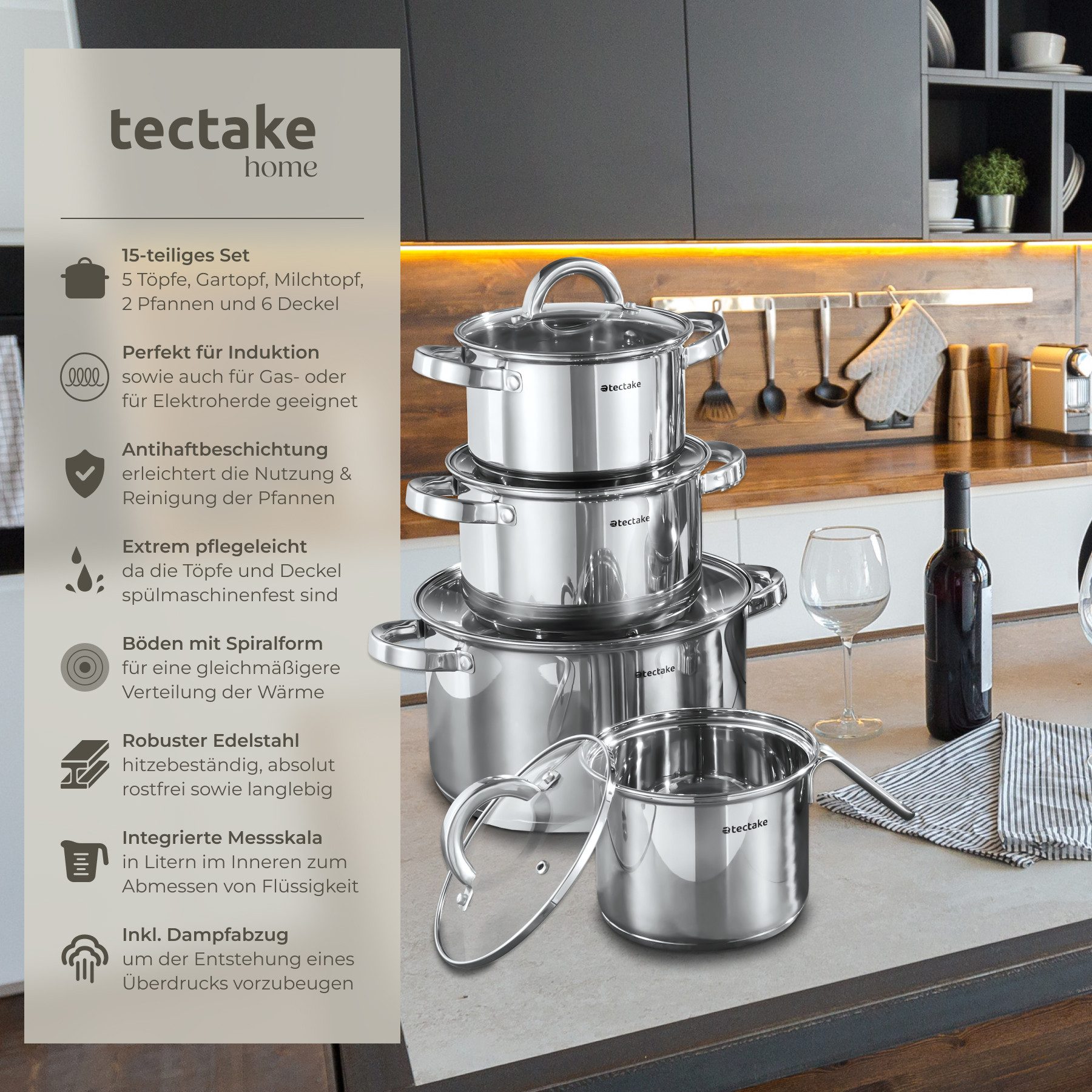 tectake Topf-Set Kochtopfset aus Edelstahl 15-teilig, Messskala in den Töpfen, Edelstahl (Topfset Induktion Turin, 15-tlg., in silber), für Induktion geeignet,  – Bild 2 von 5