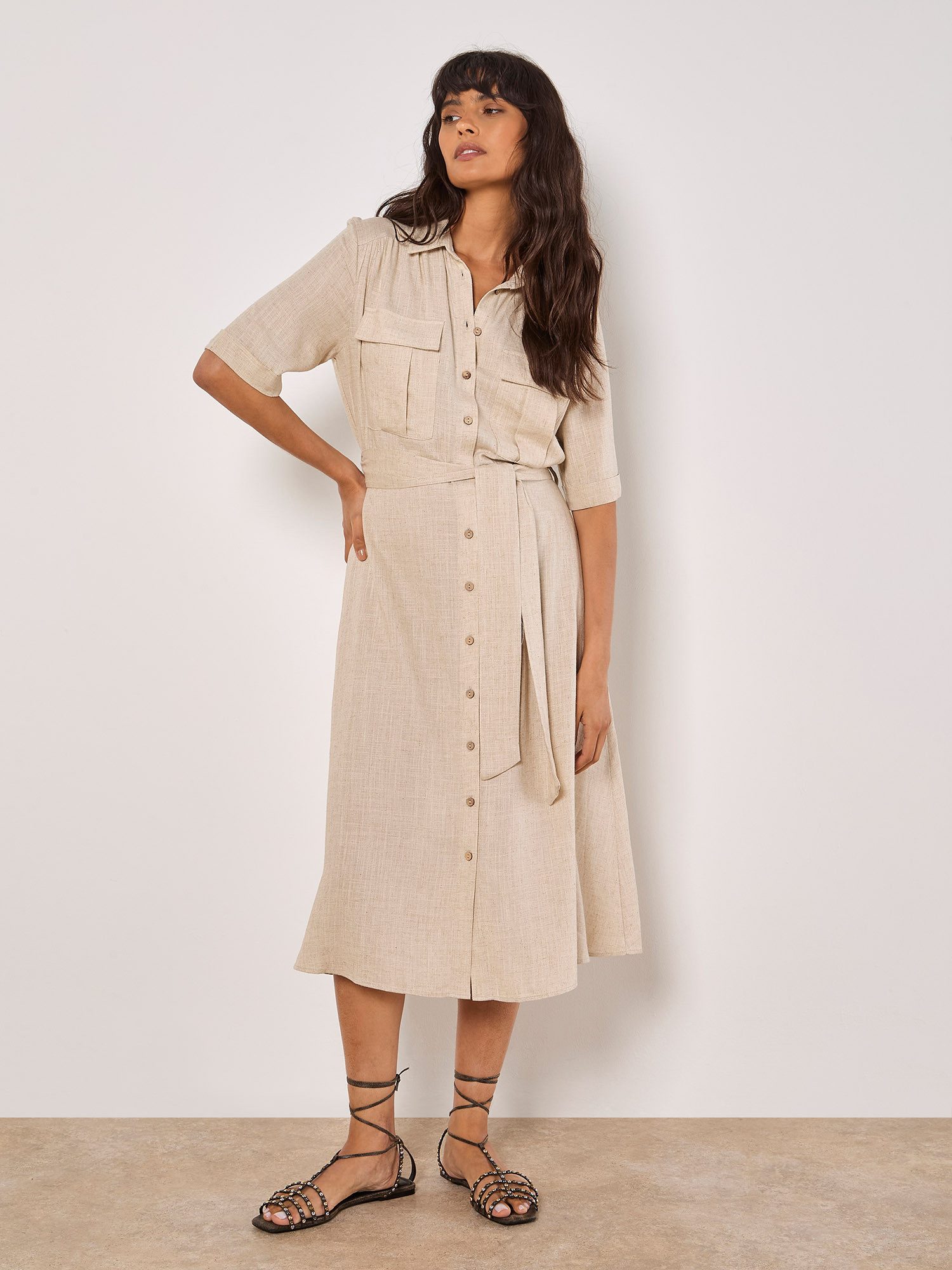 Apricot Hemdblusenkleid Leinen-Hemdblusenkleid mit Brusttaschen – Bild 4 von 4