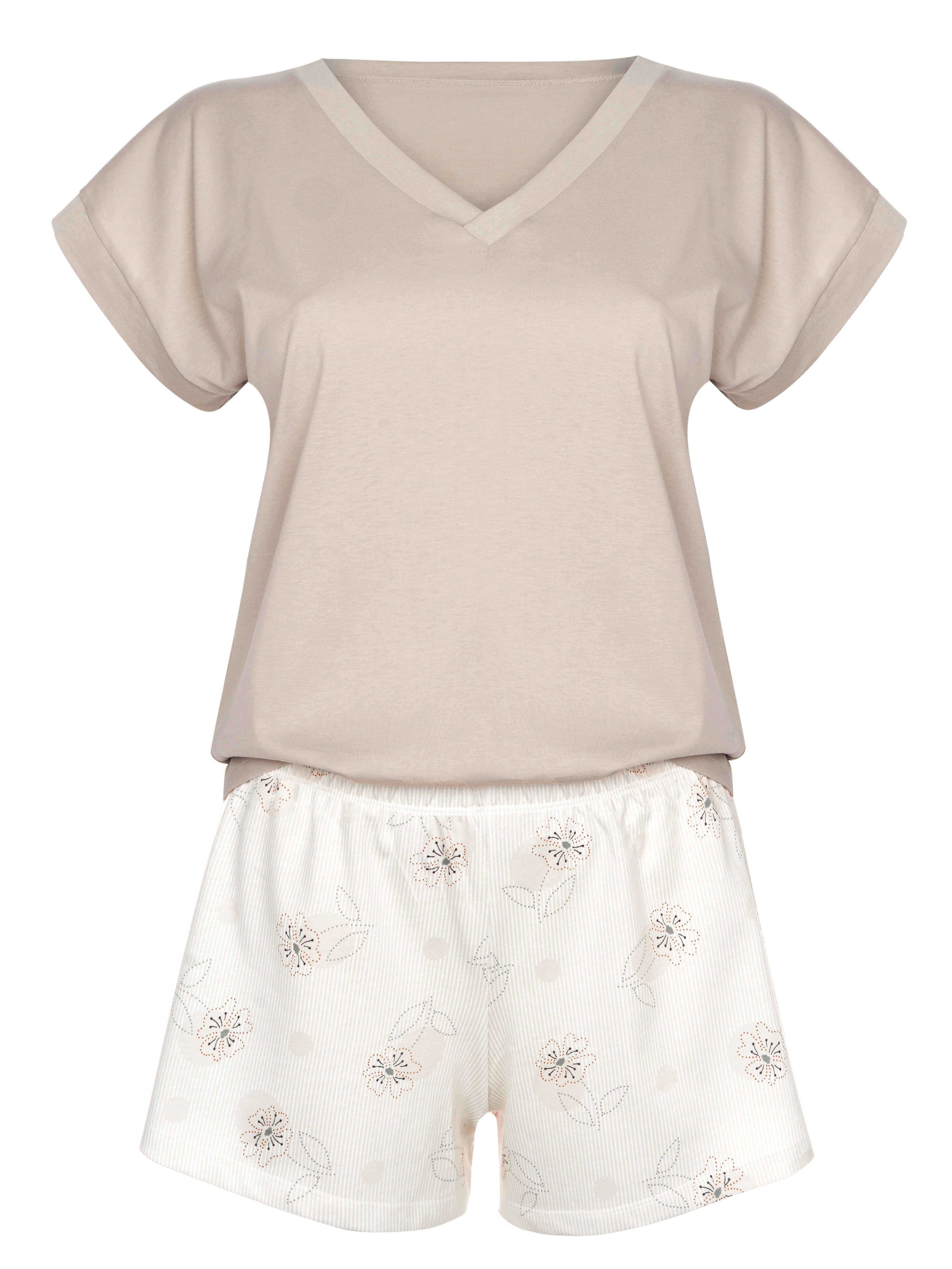 Donna Shorty mit zartem Blumen-Druck Basic-Shirt in Ecru & Shorts mit Blume günstig online kaufen
