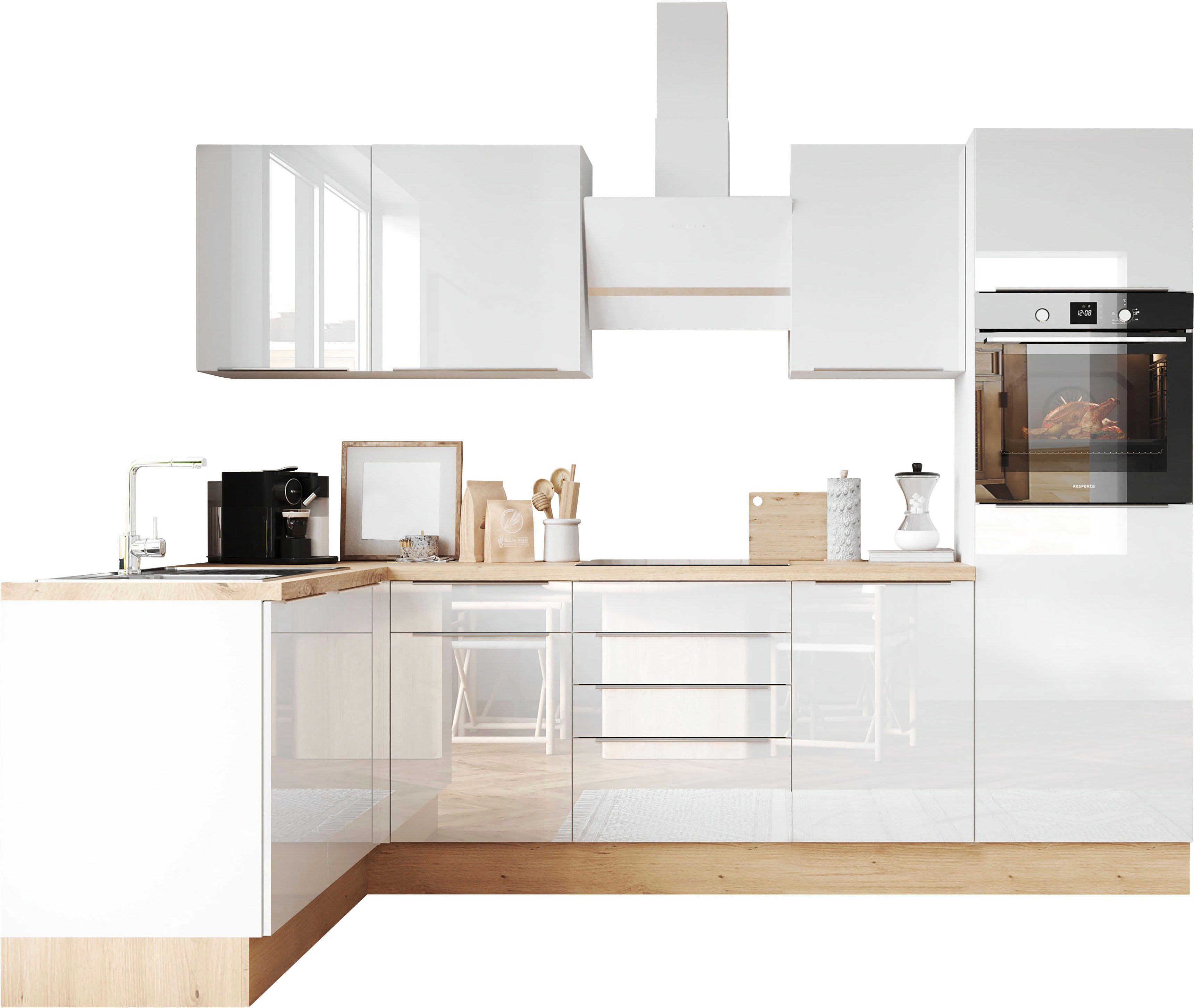 RESPEKTA Winkelküche Safado aus der Serie Marleen, Breite 280 cm, hochwertige Ausstattung wie Soft Close Funktion Weiß Hochglanz / Weiß