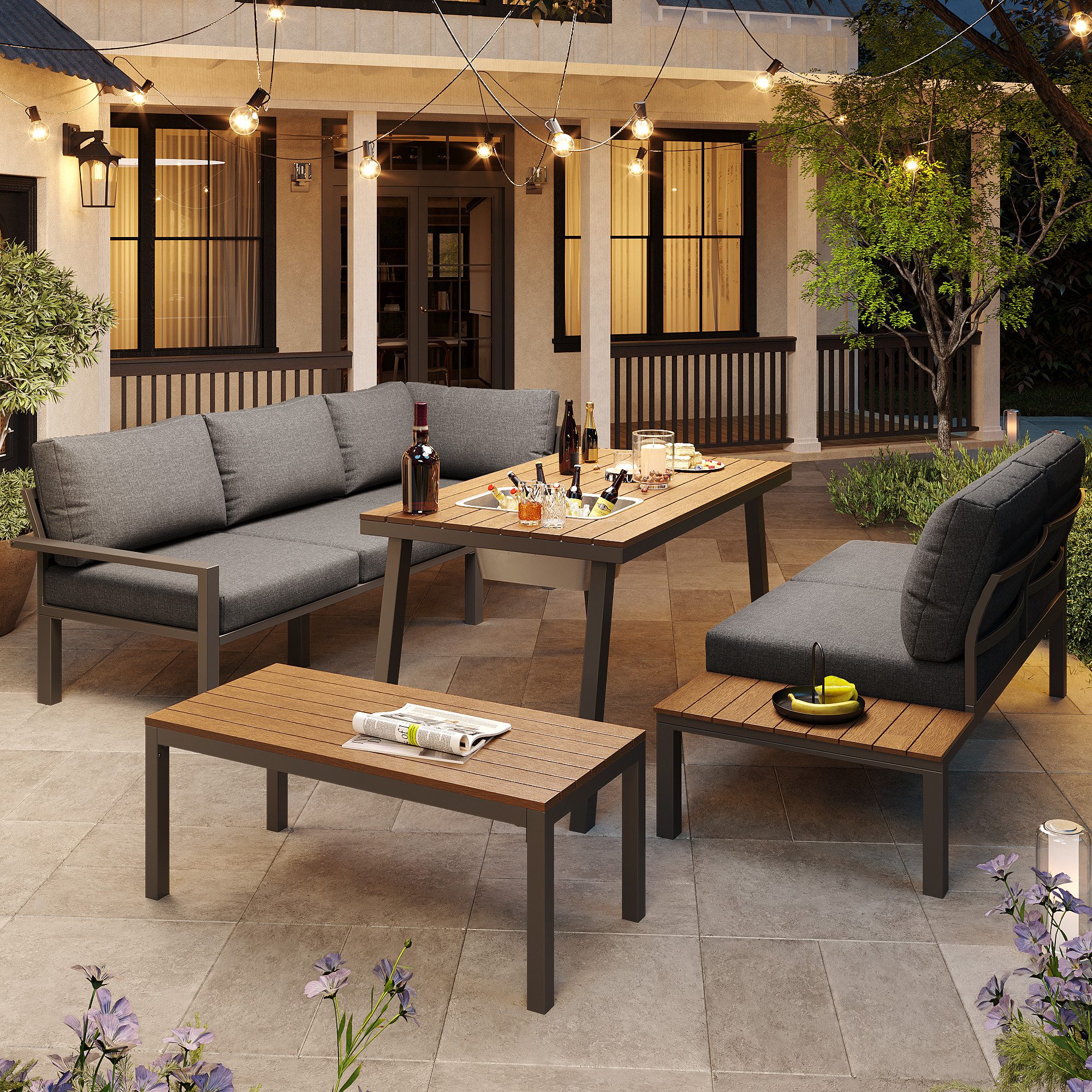 Flieks Gartenlounge-Set, Outdoor 7-Sitzer Sitzgruppe Gartenmöbel-Set, günstig online kaufen