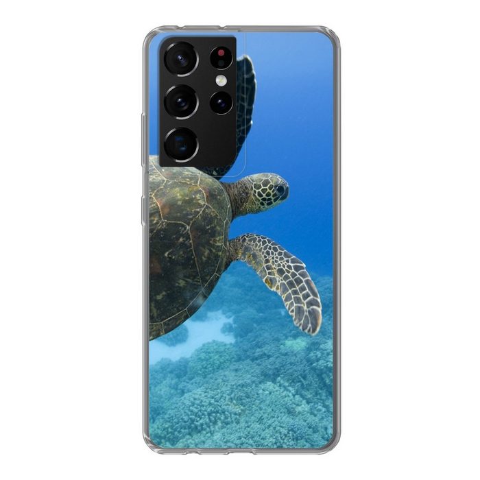MuchoWow Handyhülle Grüne schwimmende Schildkröte Fotodruck Phone Case Handyhülle Samsung Galaxy S21 Ultra Silikon Schutzhülle