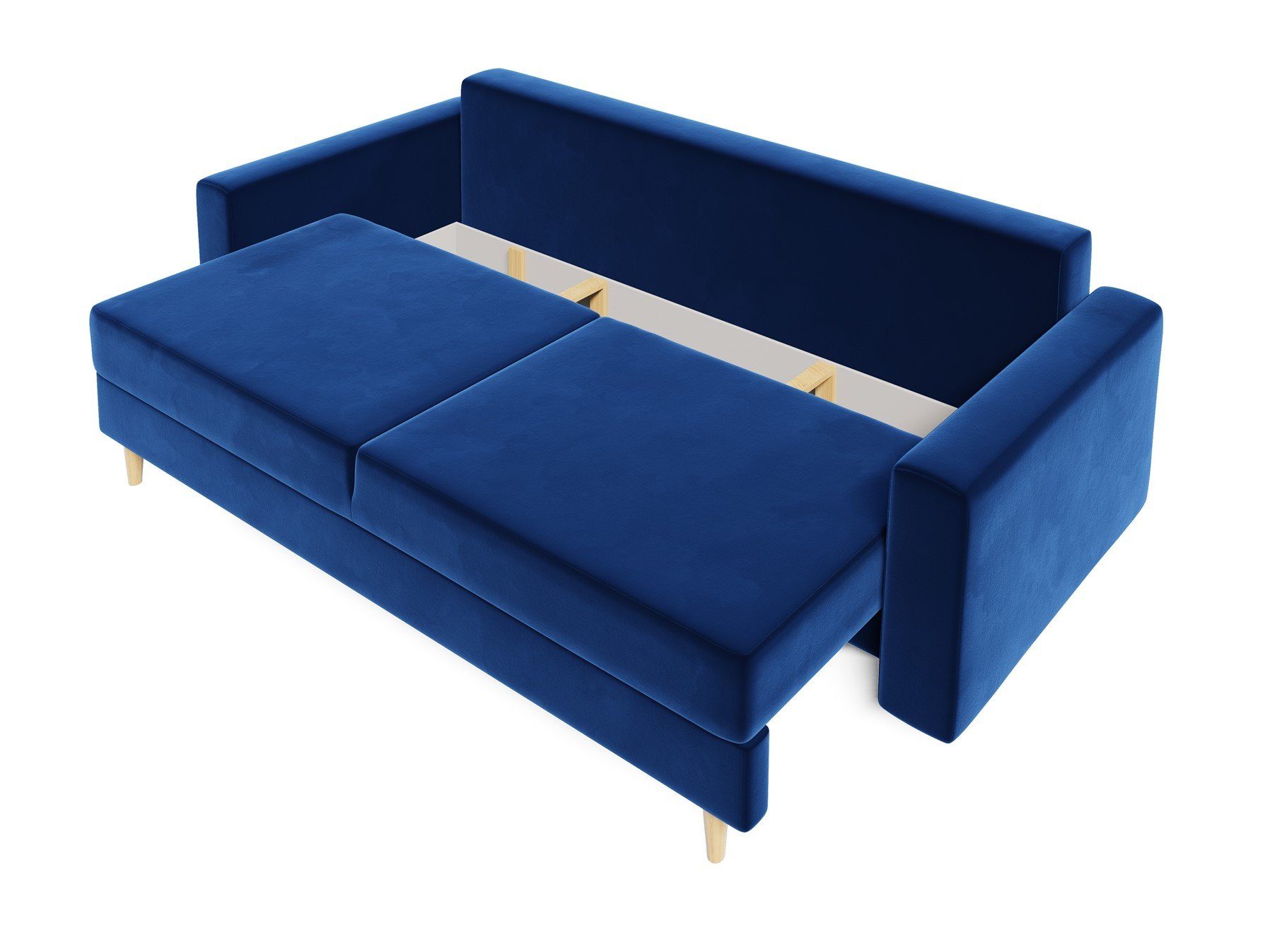 Sofa mit Designersofa BELLA 60er Blau Schlaffunktion, Rundumbezug, 3-Sitzer Schlafsofa Möbel Style Fun