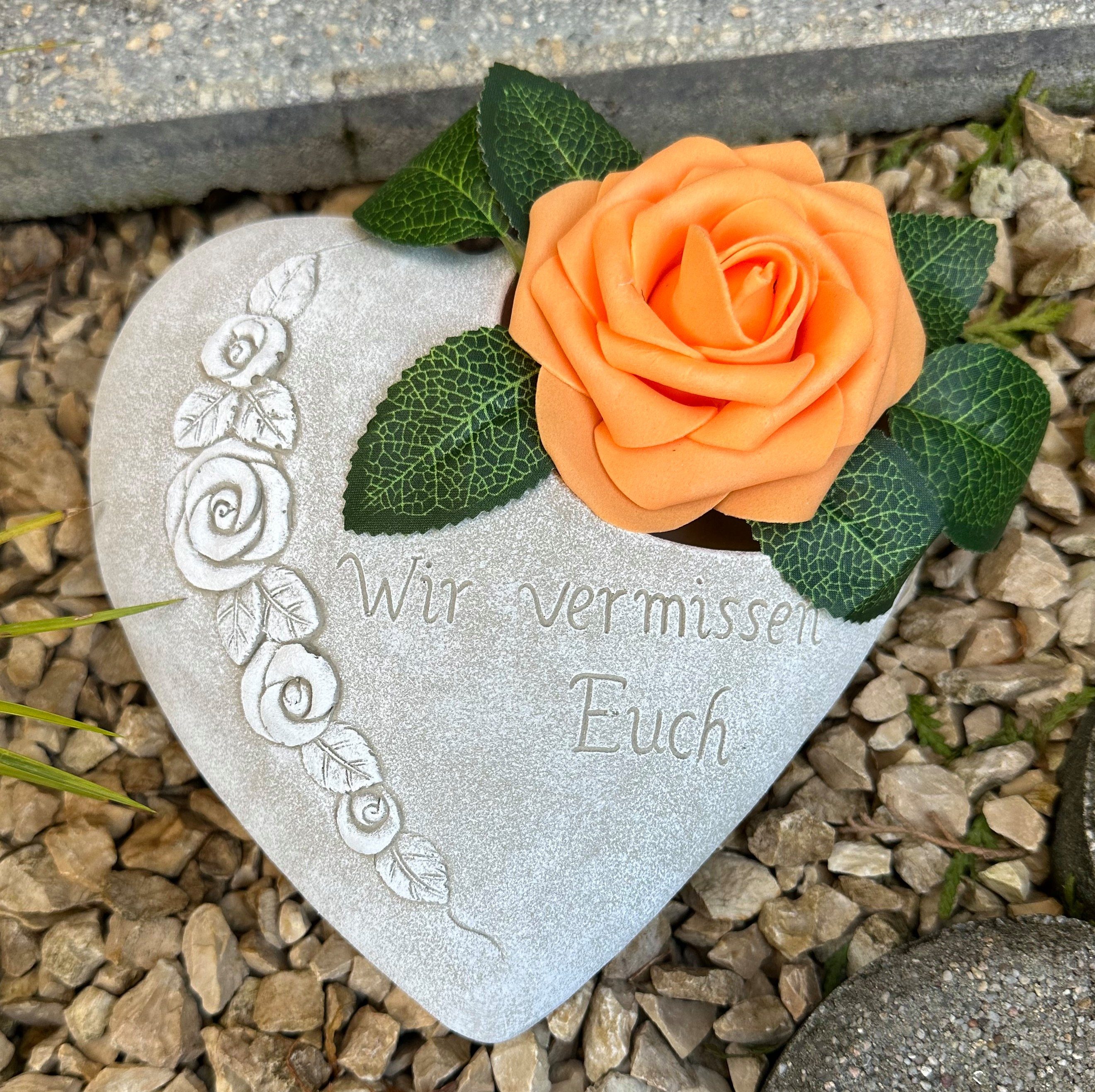 Radami Gartenfigur Grabherz Rosenranke - Wir vermissen Euch - Grabschmuck Gedenkstein