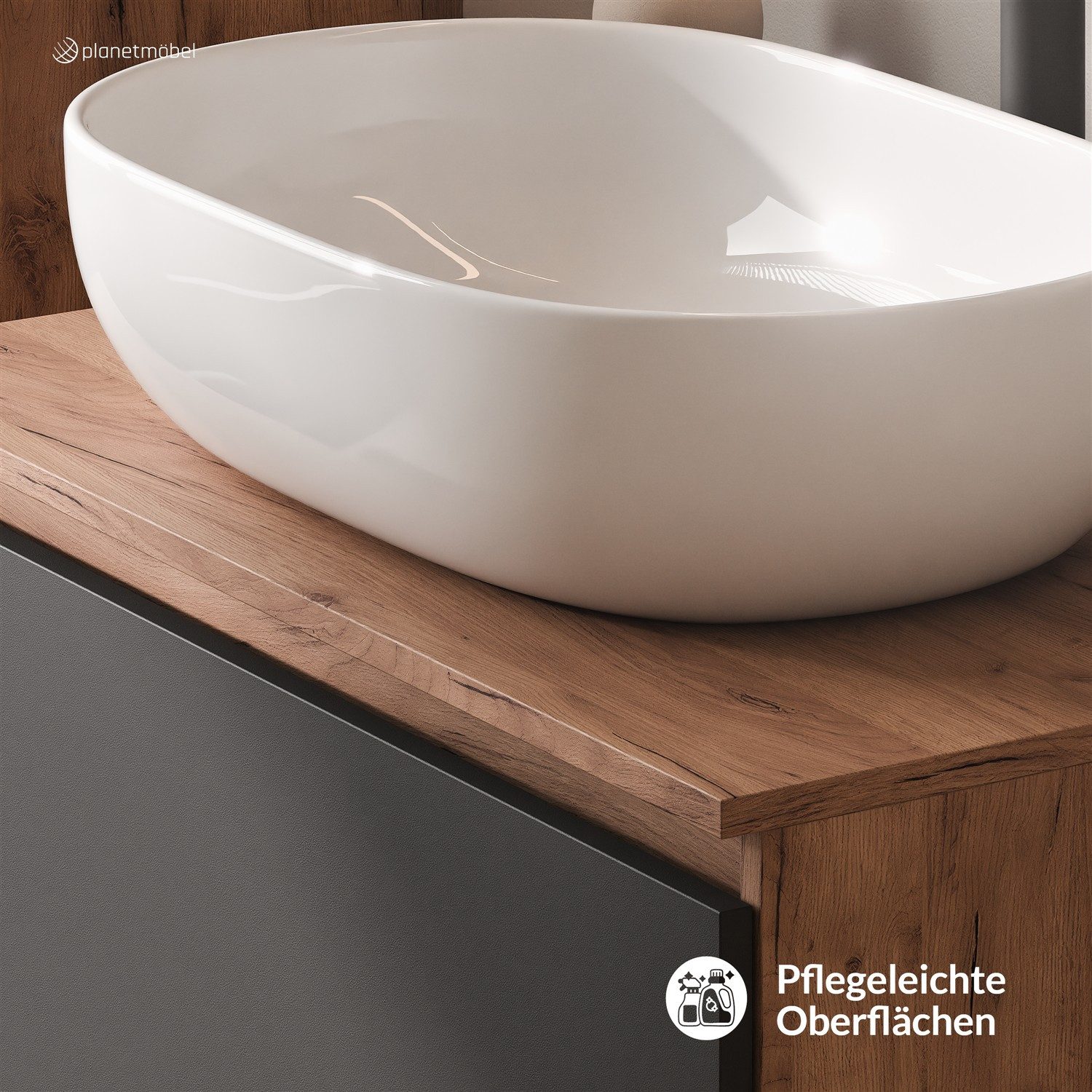 Planetmöbel Waschtisch-Set ARISA Waschtisch 80 cm mit Waschbecken 60 cm, (Waschtischunterschrank für Gäste WC & Bad, mit Aufsatz-Waschbecken 60 cm), Schublade mit Soft-Close