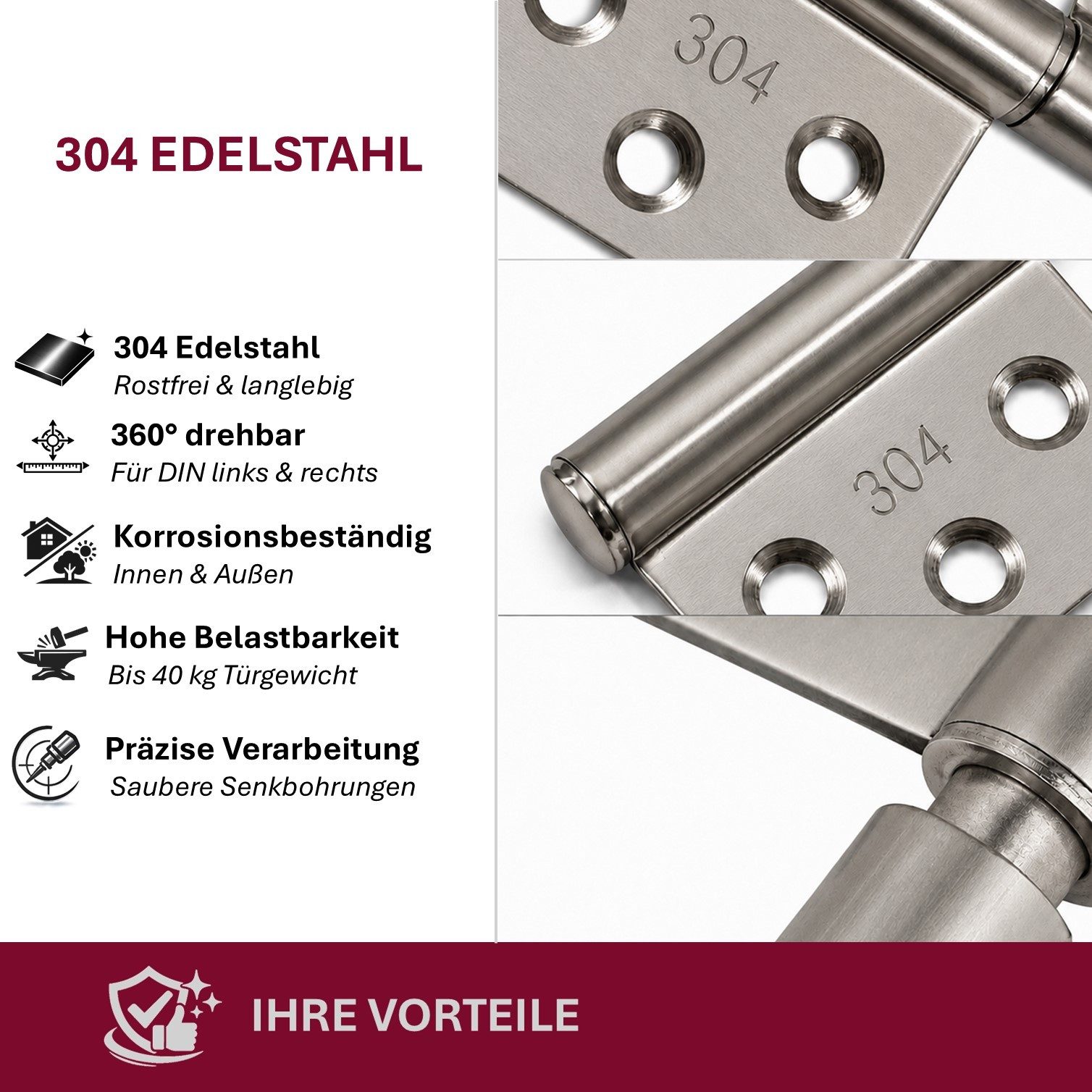 HOOZ Türbeschlag Flaggenscharnier Edelstahl 75mm 4er Set Hebbares Türband zum Aushängen (Set, 4 St., 2 Scharniere), Hebbares Türband mit 360° Drehwinkel und 6 Senkbohrungen
