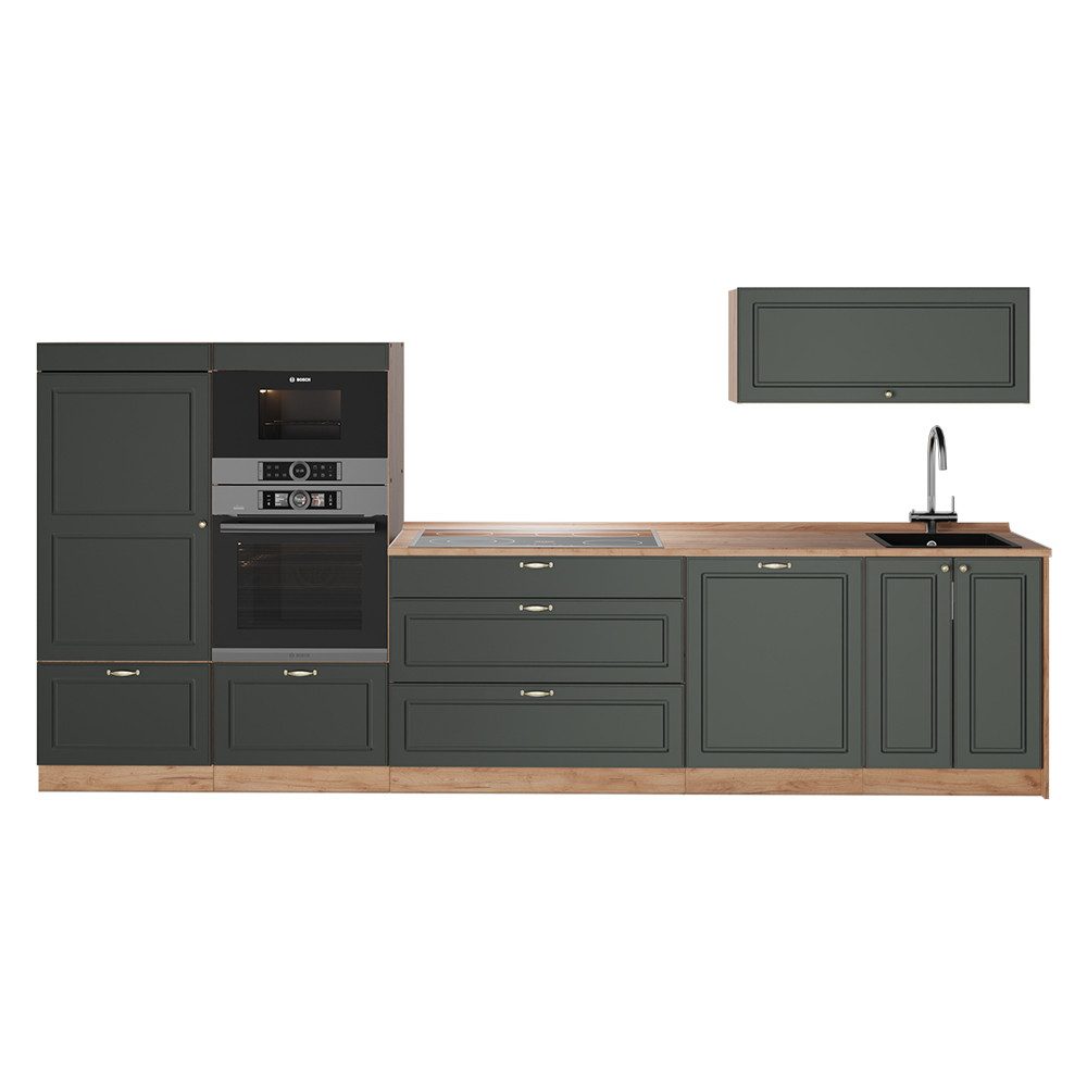 Vicco Küchenzeile Fame-Line, Grün-Gold Landhaus/Goldkraft Eiche, 340 cm, AP Eiche