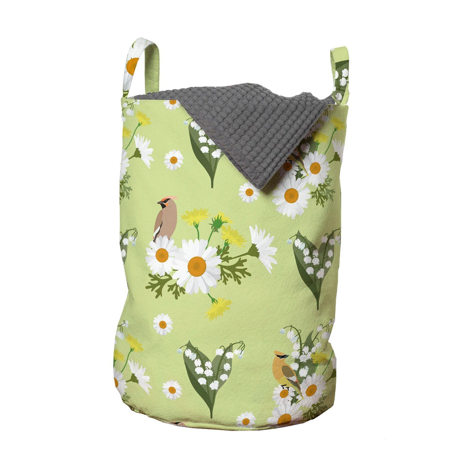 Abakuhaus Wäschesäckchen Wäschekorb mit Griffen Kordelzugverschluss für Waschsalons, Natur Blumen und Waxwings Vogel