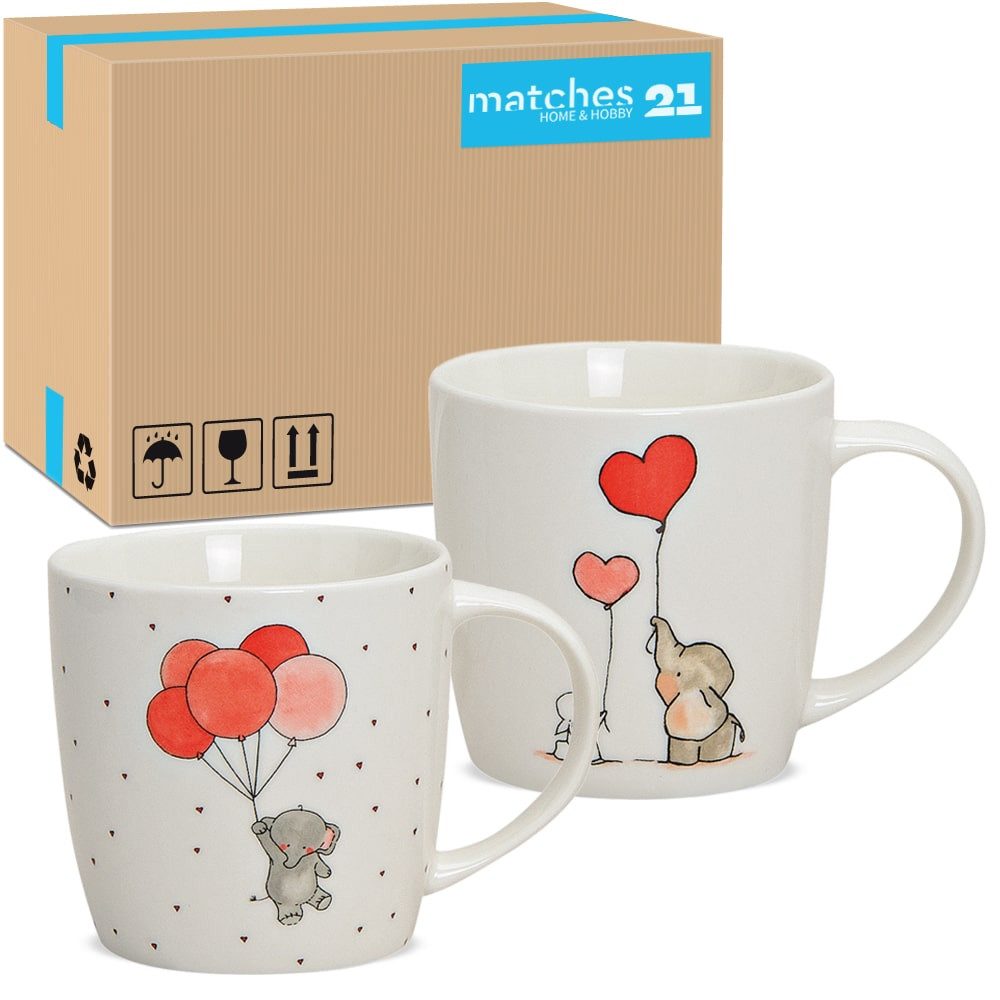 matches21 HOME & HOBBY Tasse Süße Kaffeetassen 36er Set Tiere Liebe Elefant Hase Herzen, 36-tlg., Porzellan, Tee Kaffee-Becher klassisch weiss rot bunt 250 ml