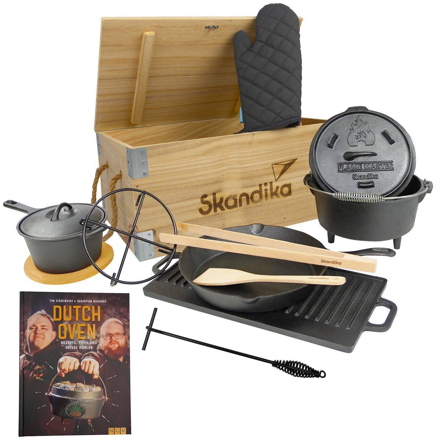 Skandika Grilltopf Dutch Oven Set Flame Master in Holzkiste, 11-teilig, inkl. Rezeptbuch der Sauerländer BBCrew | Grilltöpfe