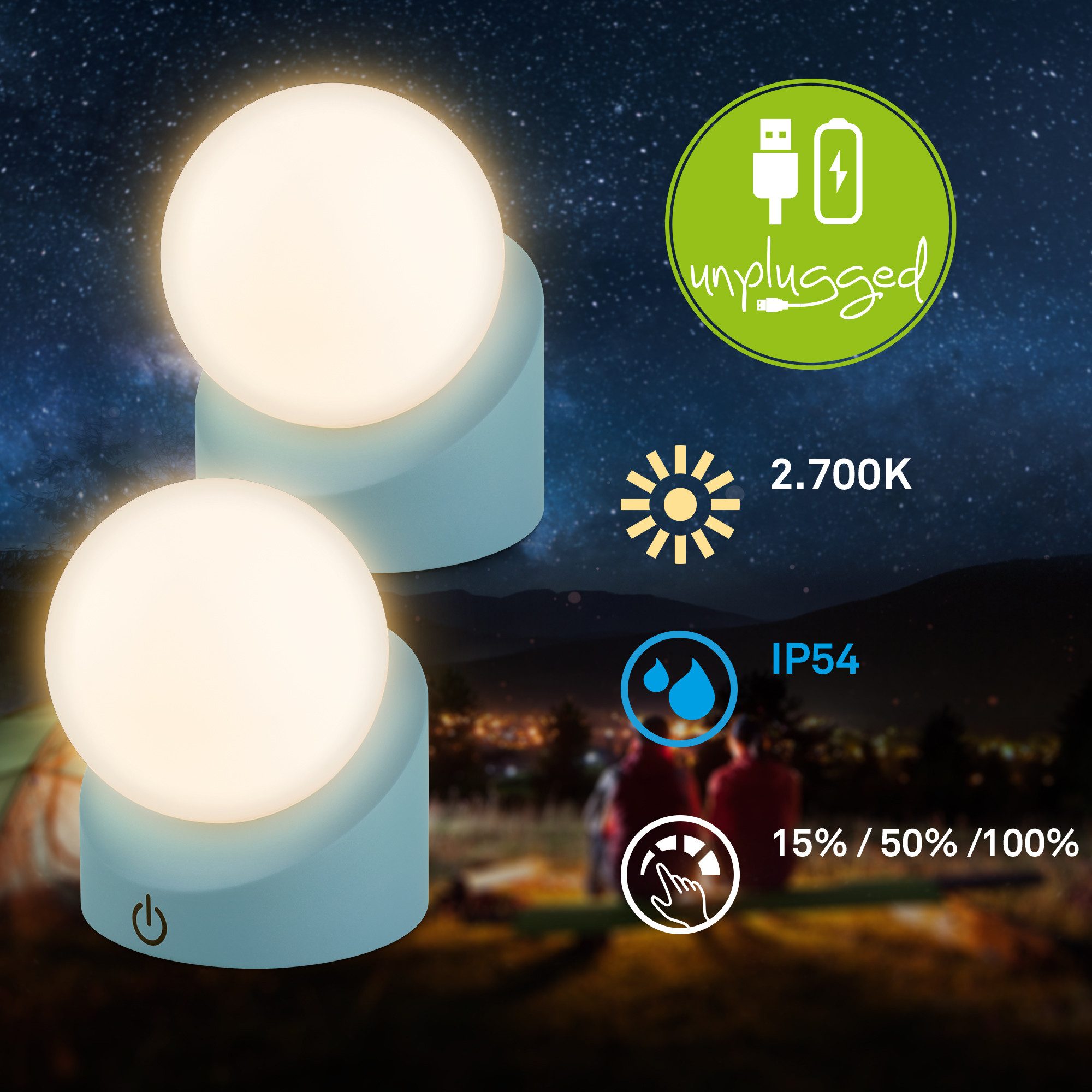 Briloner Leuchten LED Außen-Tischleuchte SORA, Dimmfunktion, LED fest integriert, Warmweiß, kabellos 10x8x9cm Taubenblau 2W Kinderzimmer Outdoor Außen 2er-Set