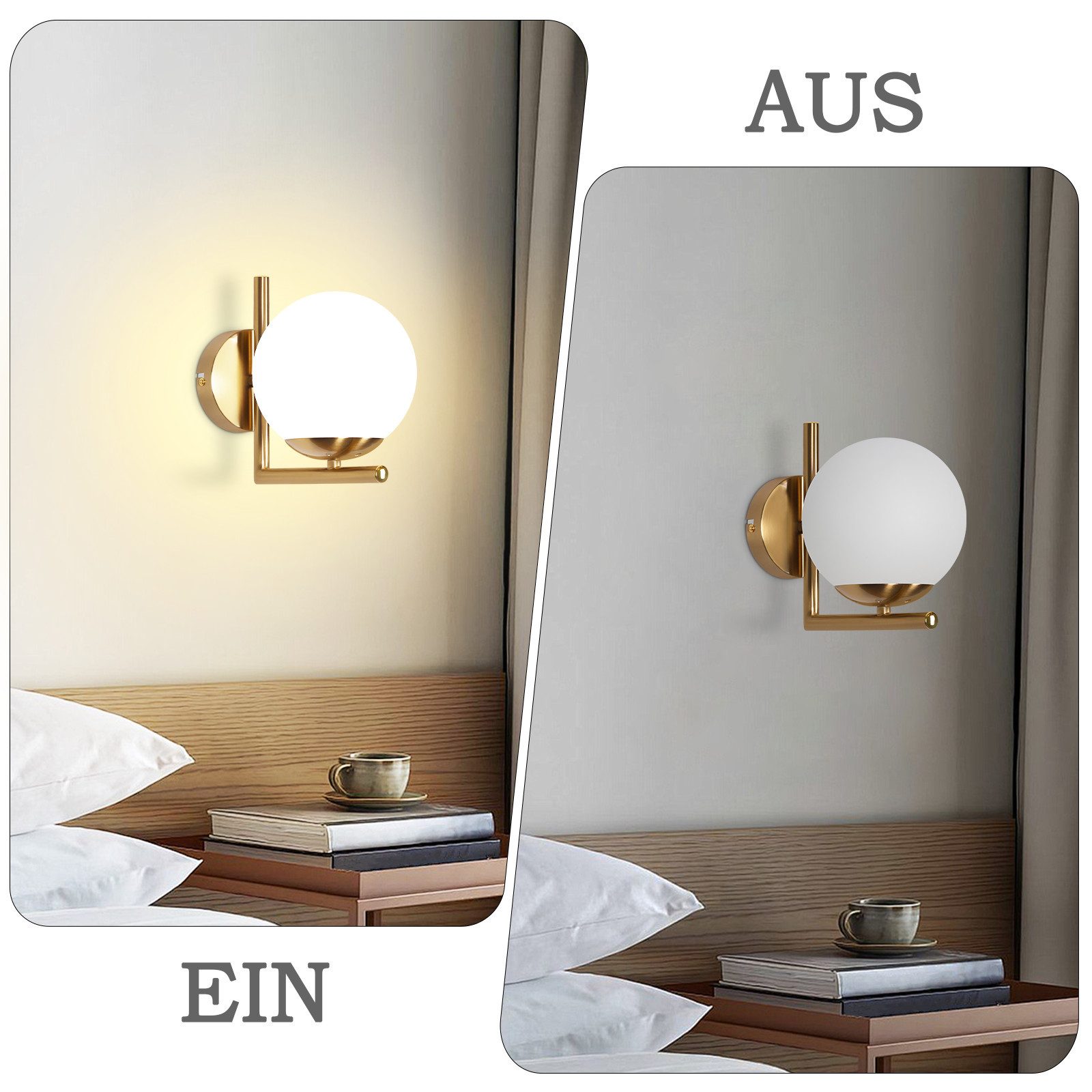 Nettlife Wandleuchte Innen Gold E27 Glaskugel Vintage Wandlampe Schlafzimmer Glasschirm, LED wechselbar, Modern Wandbeleuchtung für Flur Schlafzimmer Treppenhau – Bild 4 von 5