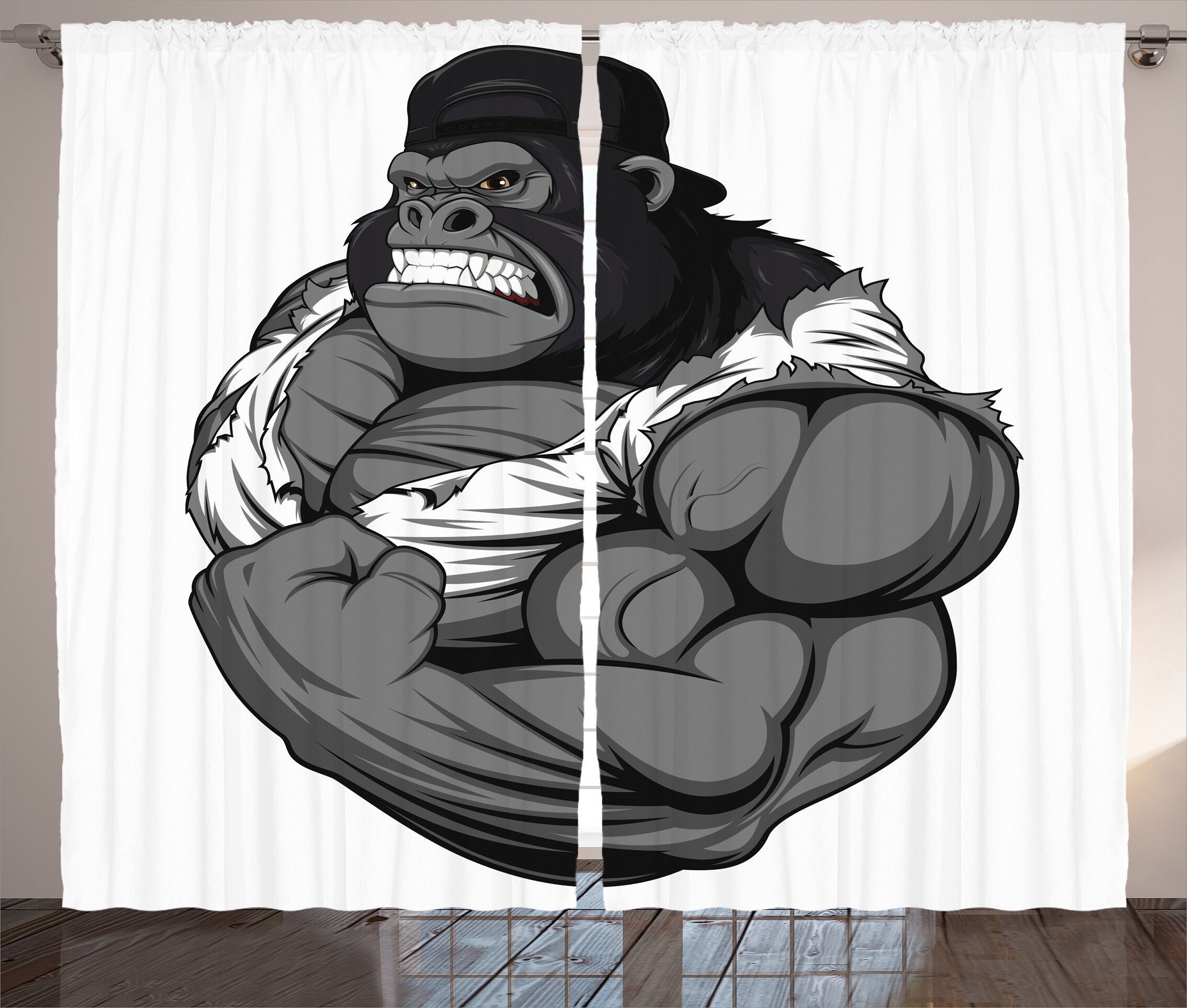 Gorilla Athlet Schlaufen Tier Karikatur Schlafzimmer Vorhang Haken, Kräuselband mit Gardine und Abakuhaus,