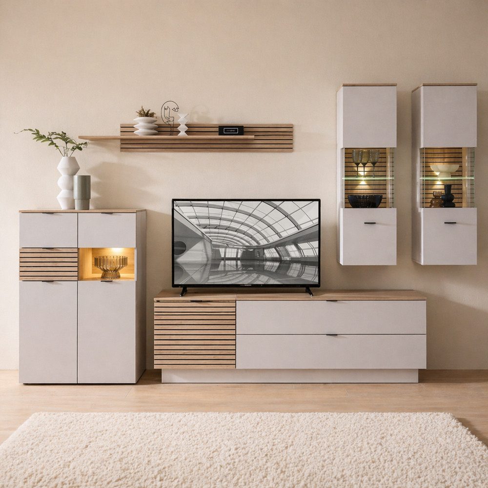 Lomadox Wohnwand ISCHIA-36, (6-St., Highboard Lowboards Hängevitrinen Wandregal), in Beige mit Eiche, inkl. Beleuchtung, Lamellenoptik