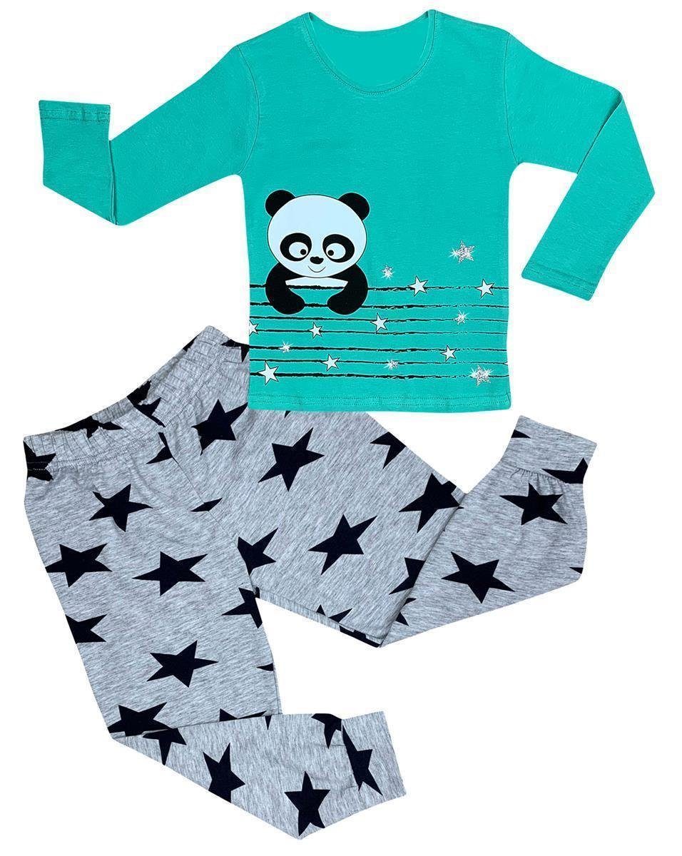LOREZA Pyjama Mädchen Pyjama Set langarm Panda Schlafanzug Hausanzug Baumwolle (Set, 2 tlg) Aqua