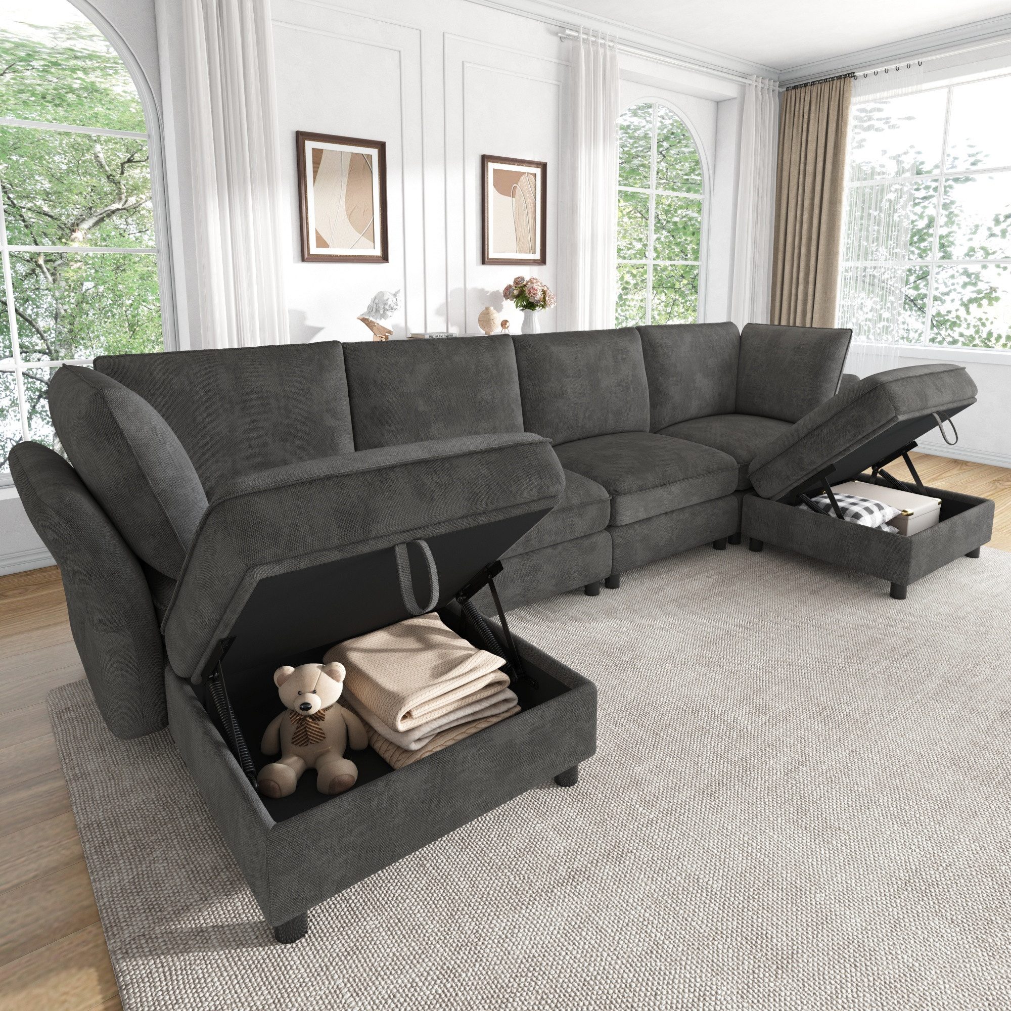 Merax Ecksofa mit 2 Stauraum-Hockern, modulares U-/L-Sofa aus Chenille, 289 × 137 × 84 cm 1 Teile, 6-Sitzer-Sofa mit 2 Kissen, frei kombinierbares Couch in Cloud-Design