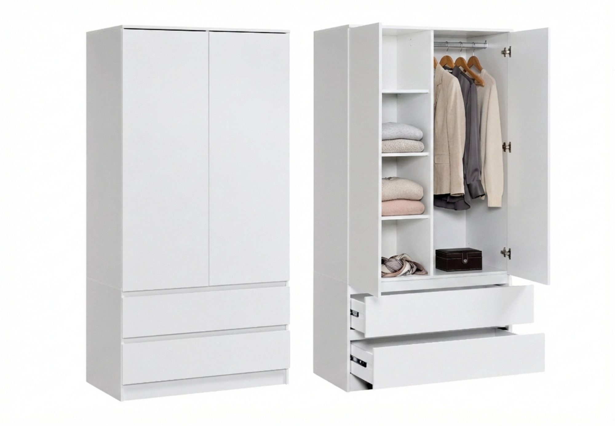 Home Collective Kleiderschrank mit 2 Türen, 3 Einlegeböden und 2 Schubkästen in Weiß (Schrank Garderobenschrank für Schlafzimmer, Kinderzimmer, Flur, Keller) Kleiderschrank 90 cm breit mit Schubladen Höhe 182 cm