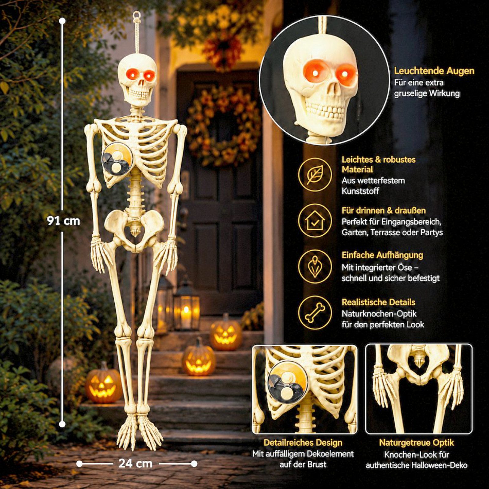 Koopman Dekofigur Skelettfigur Halloweenfigur Dekoration LED Kunststoff 91cm (Stück, 1 St., Packung), Beige, leuchtende Augen, Gliedmaßen beweglich, Druckknopf