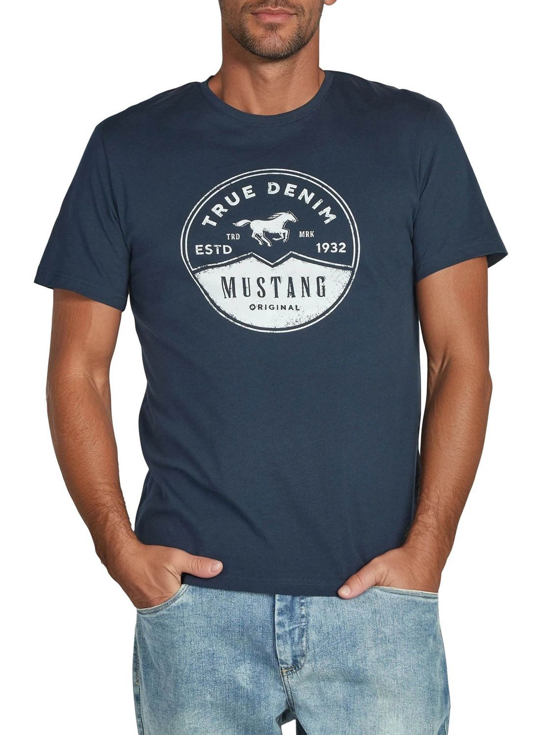 MUSTANG T-Shirt Herren Printshirt Regular Fit (1-tlg) Kurzarm Tee Shirt mit Rundhalsausschnitt aus 100% Baumwolle