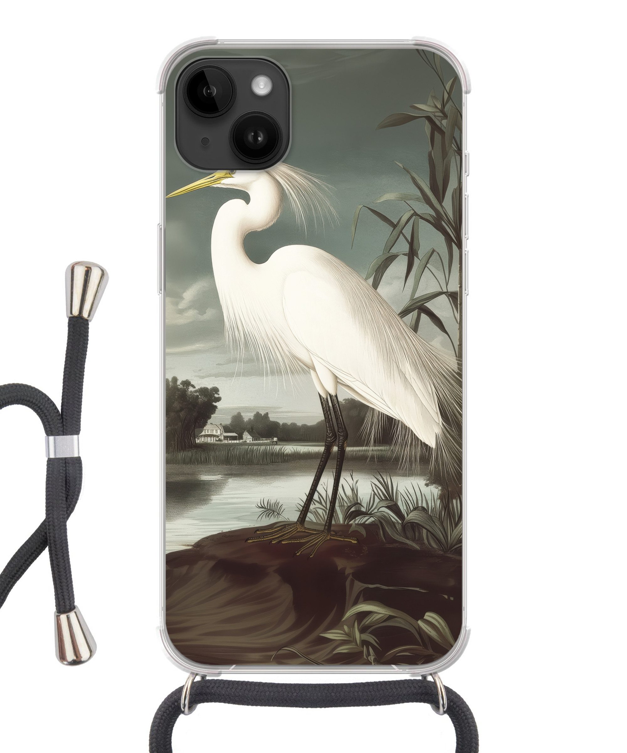 MuchoWow Handyhülle für Apple iPhone 14 Max Reiher - Pflanzen - Wolken - Weiß, Tragbare Handyhüllen mit Kette zum umhängen, Handykette Handyband