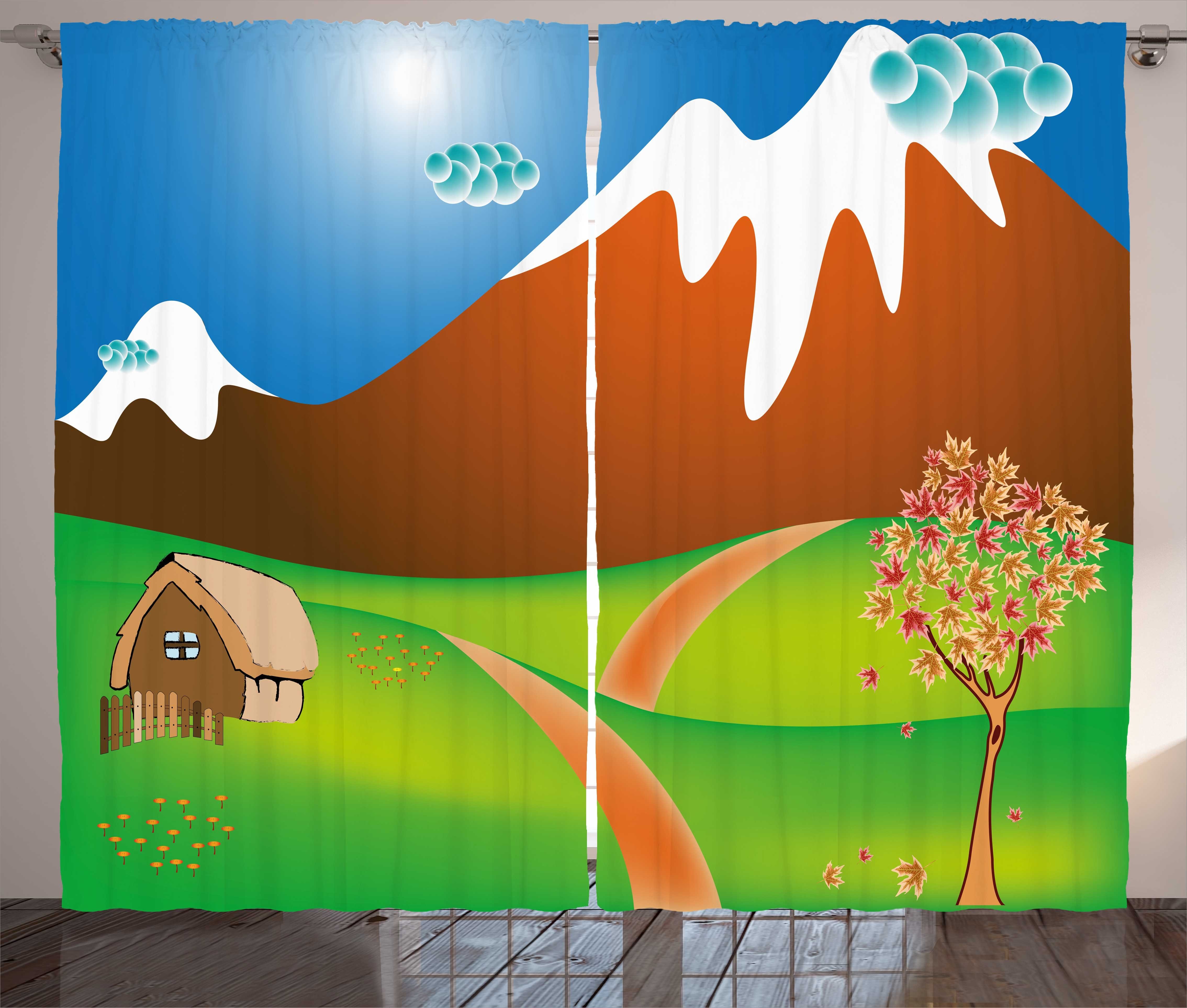 Gardine Schlafzimmer Kräuselband Vorhang mit Schlaufen und Haken, Abakuhaus, Landschaft Cartoon-Land-Szene