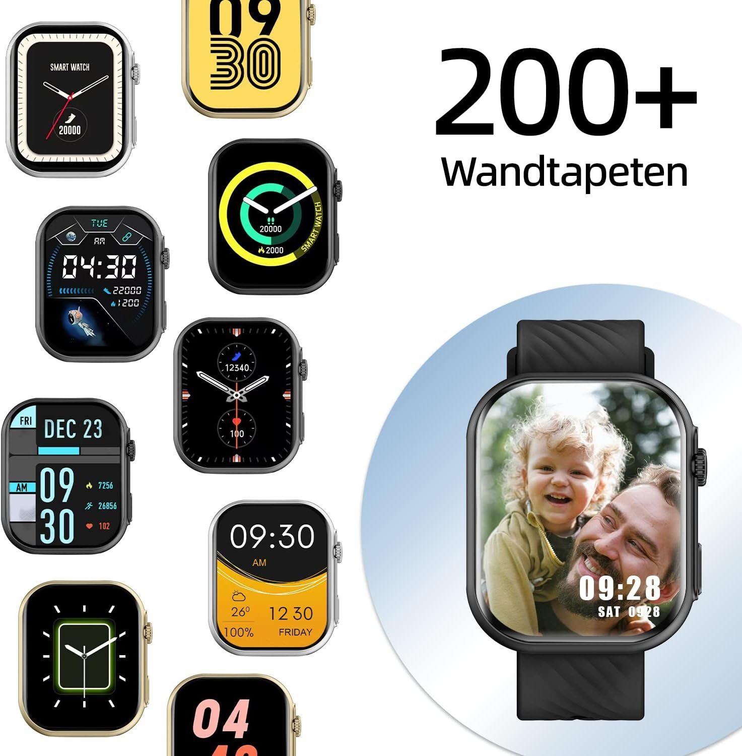 für Schrittzähler, Smartwatch, Tracker (Quadratischer Zoll Voice, Sportuhr Sportmodi, SNS-Benachrichtigung Schwarz Yuede etc., Blutsauerstoff, Herzfrequenz, Nachthimmel Gesundheits-Uhren Schlafqualität, Wasserdichte 2,01-Zoll-HD-Full-Touch-Farbdisplay uhr Smartwatch IP67 Anruffunktion Blutdruckmessung, Musiksteuerung Zoll) Android Damen IOS für mehr Herren mit und Fitness mit 100 und AI mit als