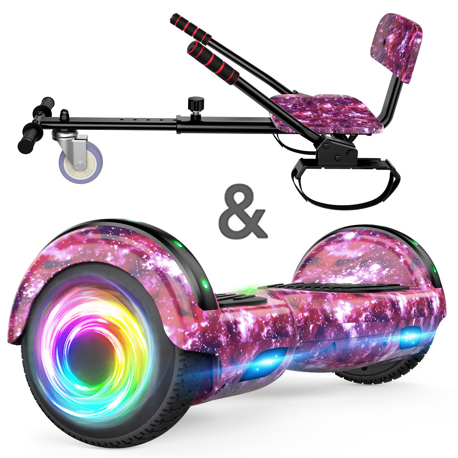 SISIGAD Balance Scooter Kart Set, 6,5'' Hoverboard mit kart,LED, Bluetooth, 8 km/h, 160W, Hoverboards mit Sitz, bis zu 7-8km,Geschenke für Kinder