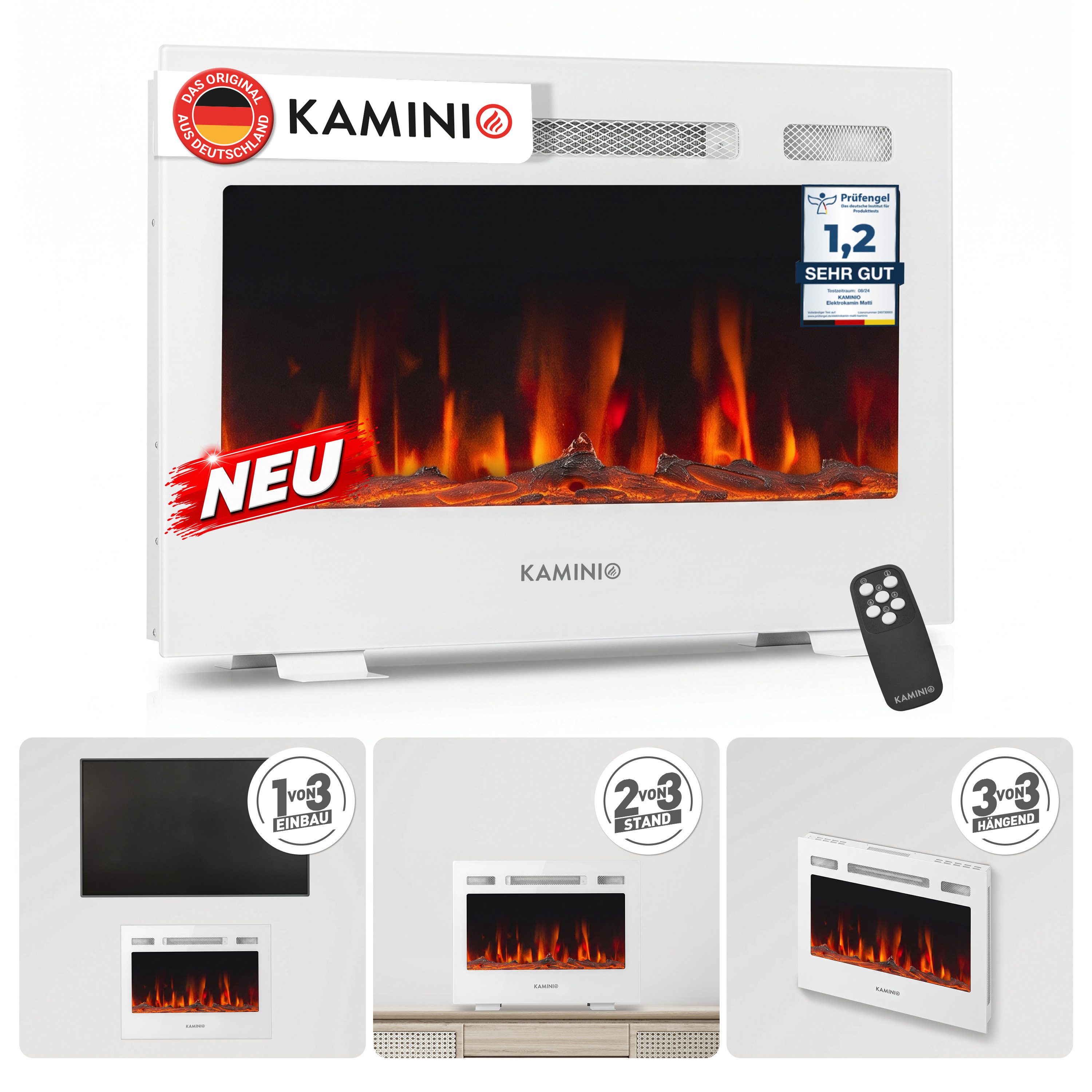 KAMINIO Elektrokamin MARLON Weiß, 3in1 Kamin: Elektrischer Stand-, Wand- und Einbaukamin, Heizung 1800W